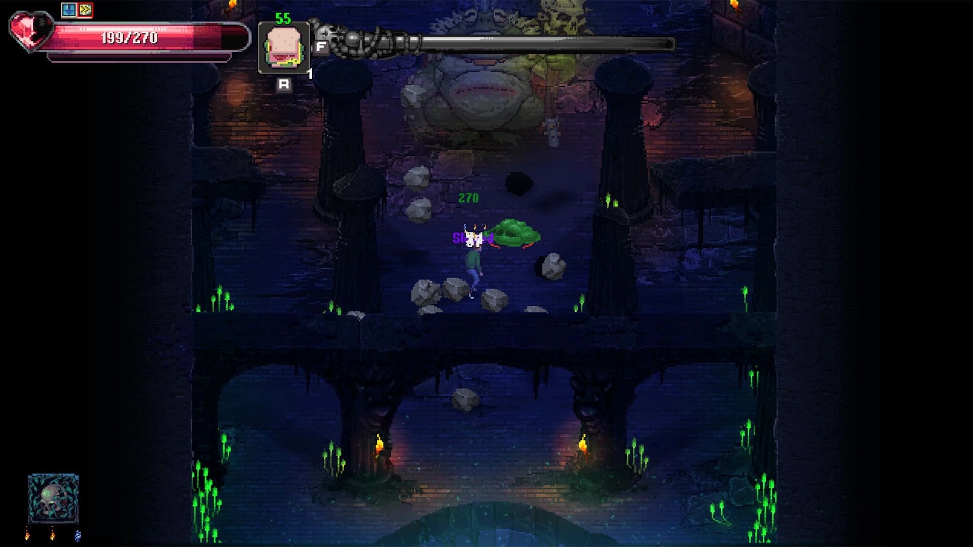 Kingdom of Night: Player battles demons in a dark dungeon with glowing green lights and stone pillars.