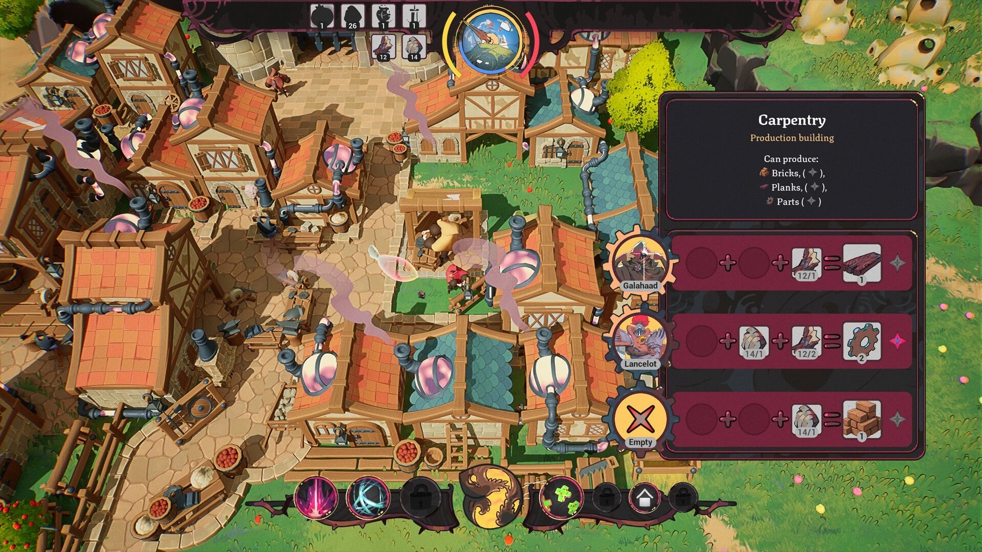 KingFish: Carpentry production menu with recipes and workers over a busy medieval town workshop district.