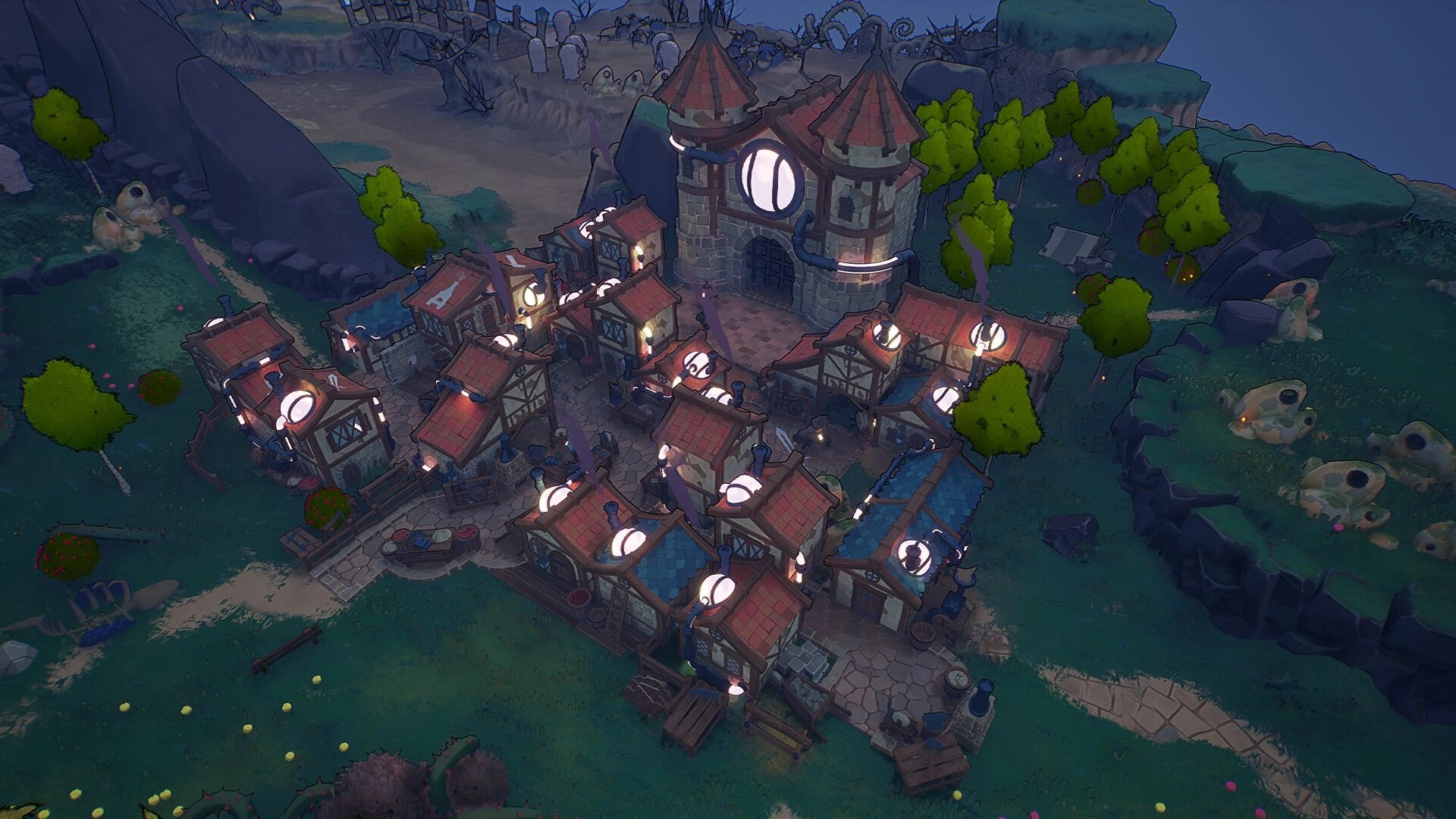 KingFish: Overhead city view with clustered houses and a central keep on a forested island at dusk.