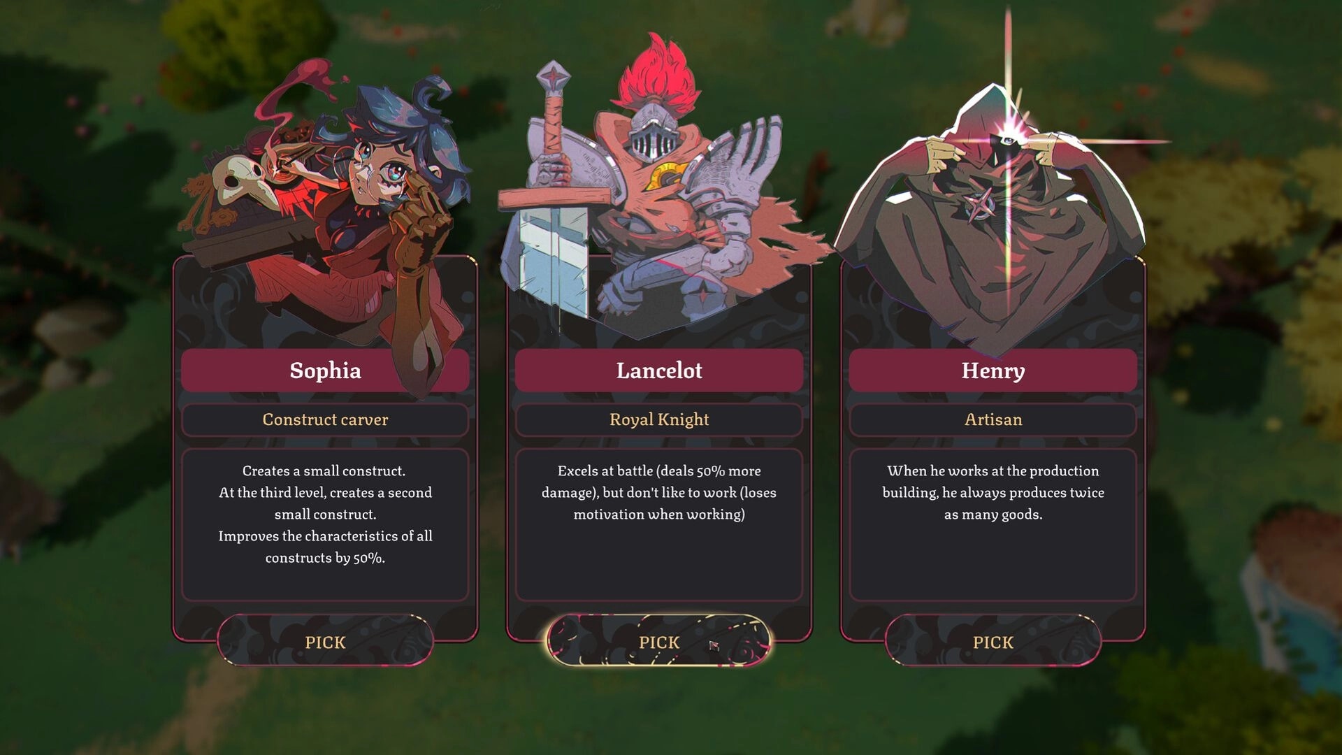 KingFish: Character selection UI with Sophia, Lancelot, and Henry cards over blurred island map backdrop.