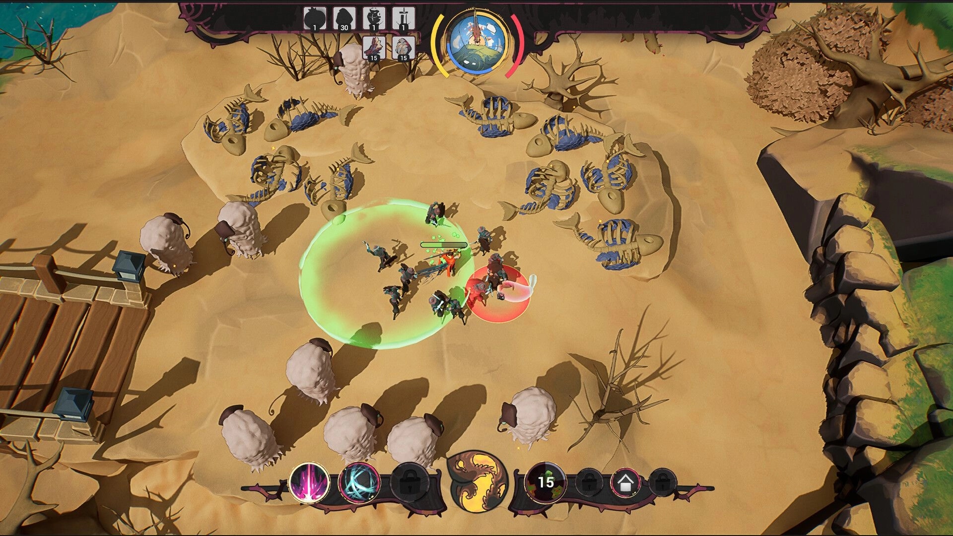 KingFish: Party battles enemies in green aura on sandy island with fish bones and ability bar UI.