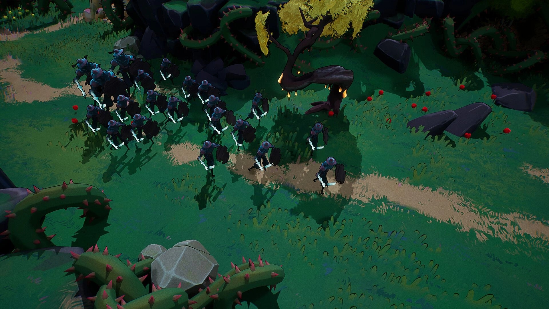 KingFish: Squad of armored soldiers marching along a dirt path through grassy forest with rocks and vines.