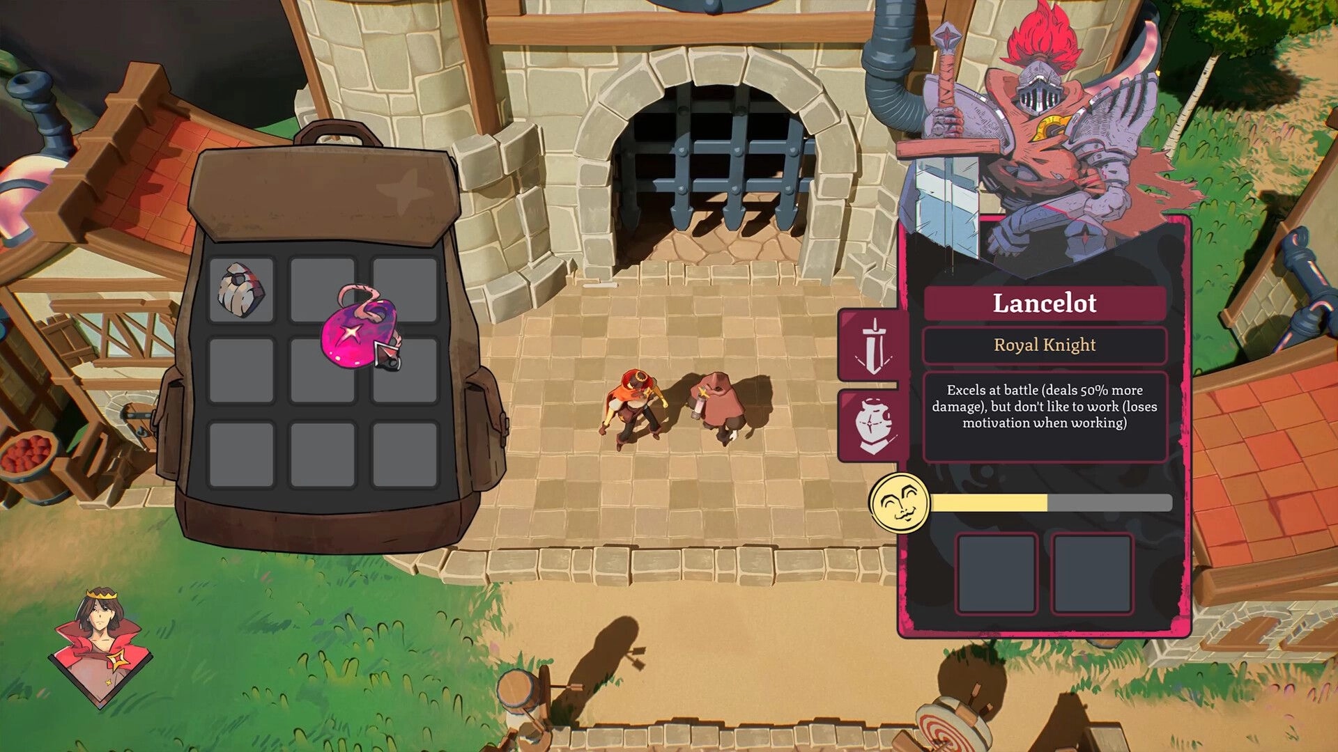KingFish: Inventory and Lancelot stat panel open beside two heroes at a castle gate courtyard.