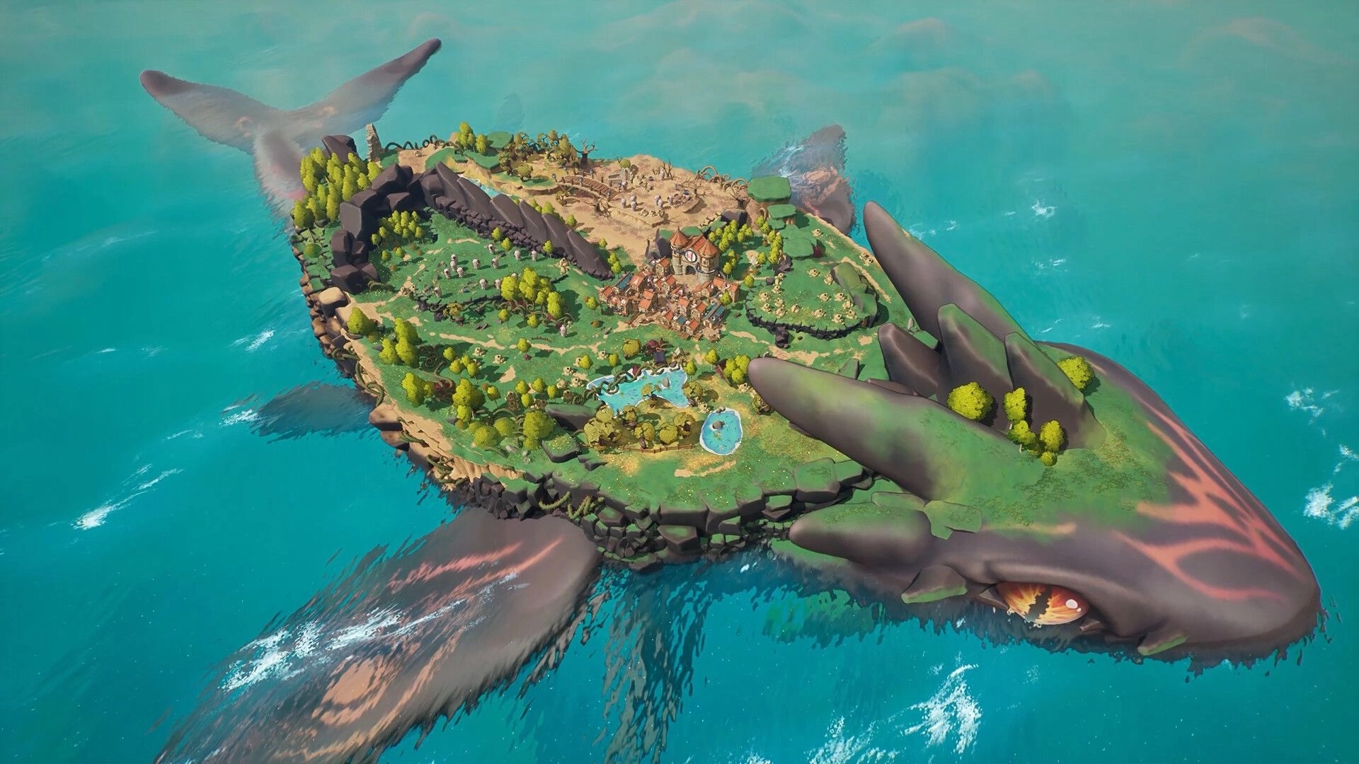 KingFish: Aerial view of a town and fields atop a giant fish island, floating in blue ocean waters.