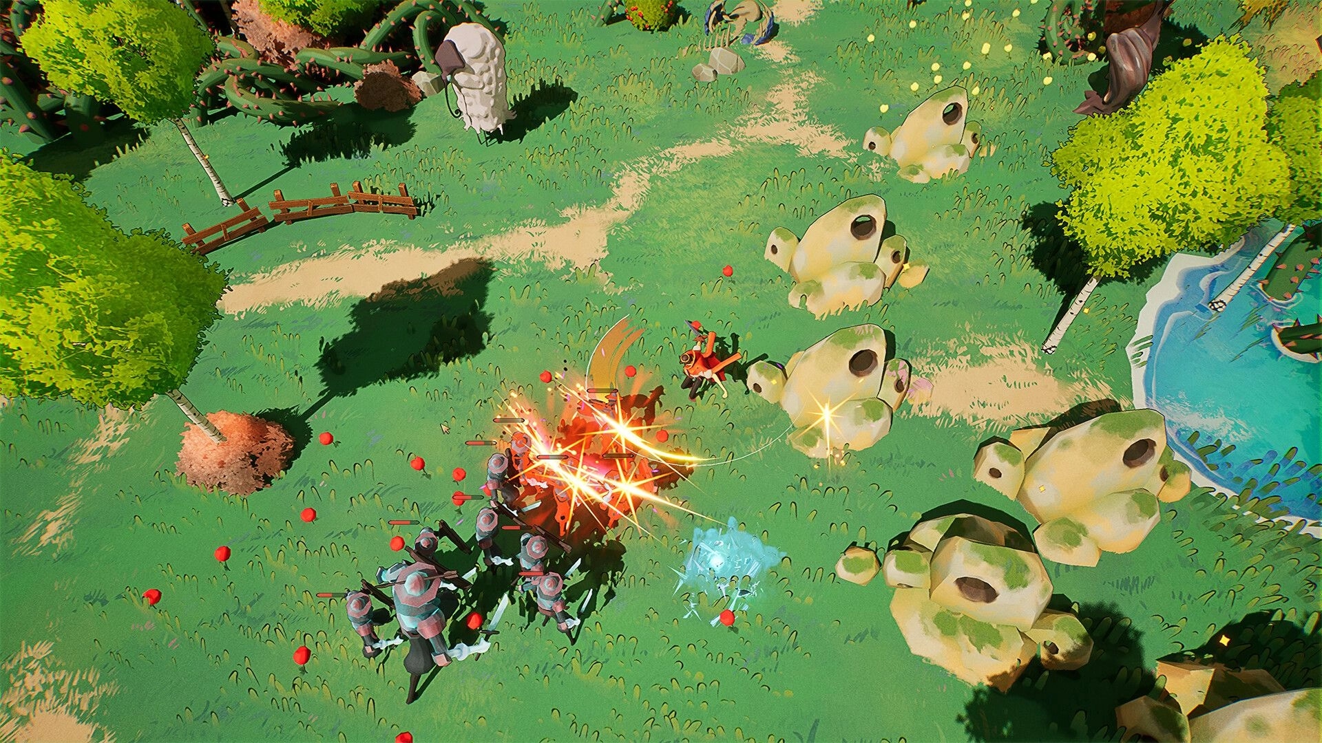 KingFish: Top-down melee fight with armored enemies and hit sparks on a grassy island path by rocks.