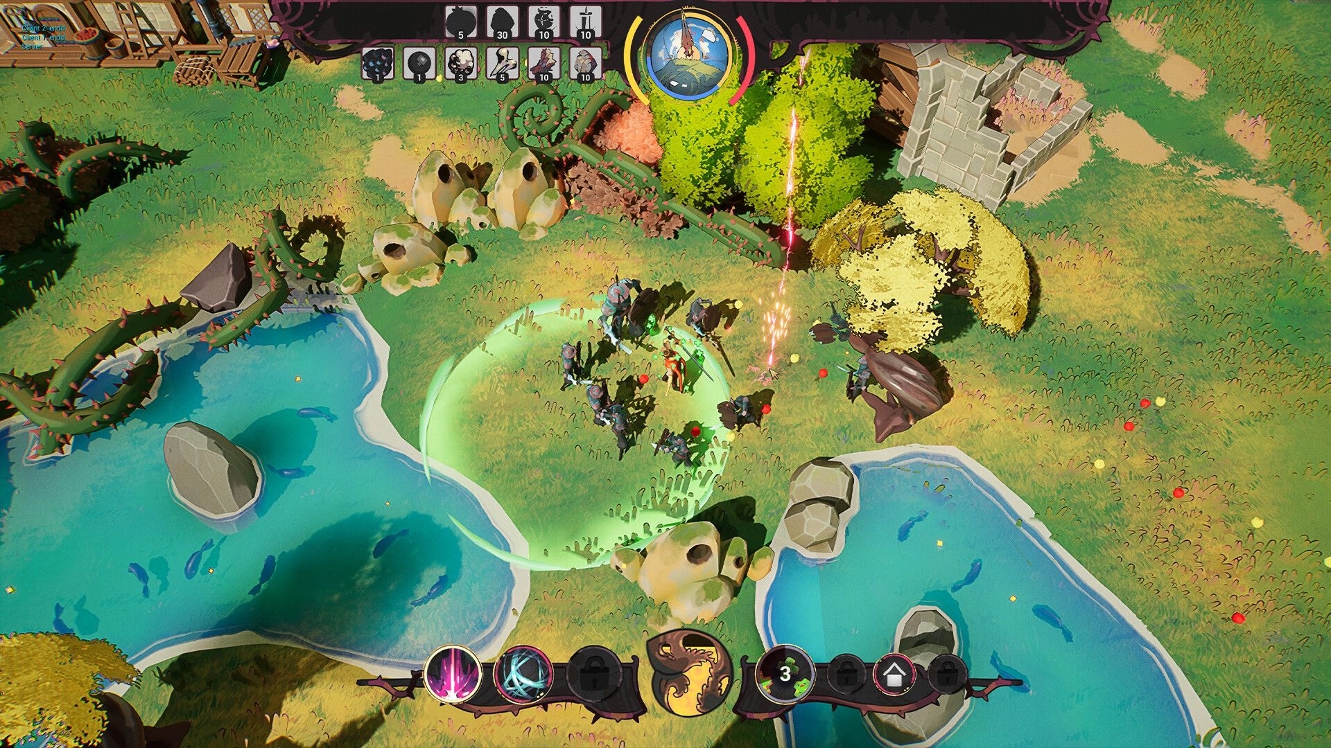 KingFish: Hero surrounded by enemies in green aura beside lakes, with resource and skill UI bars visible.