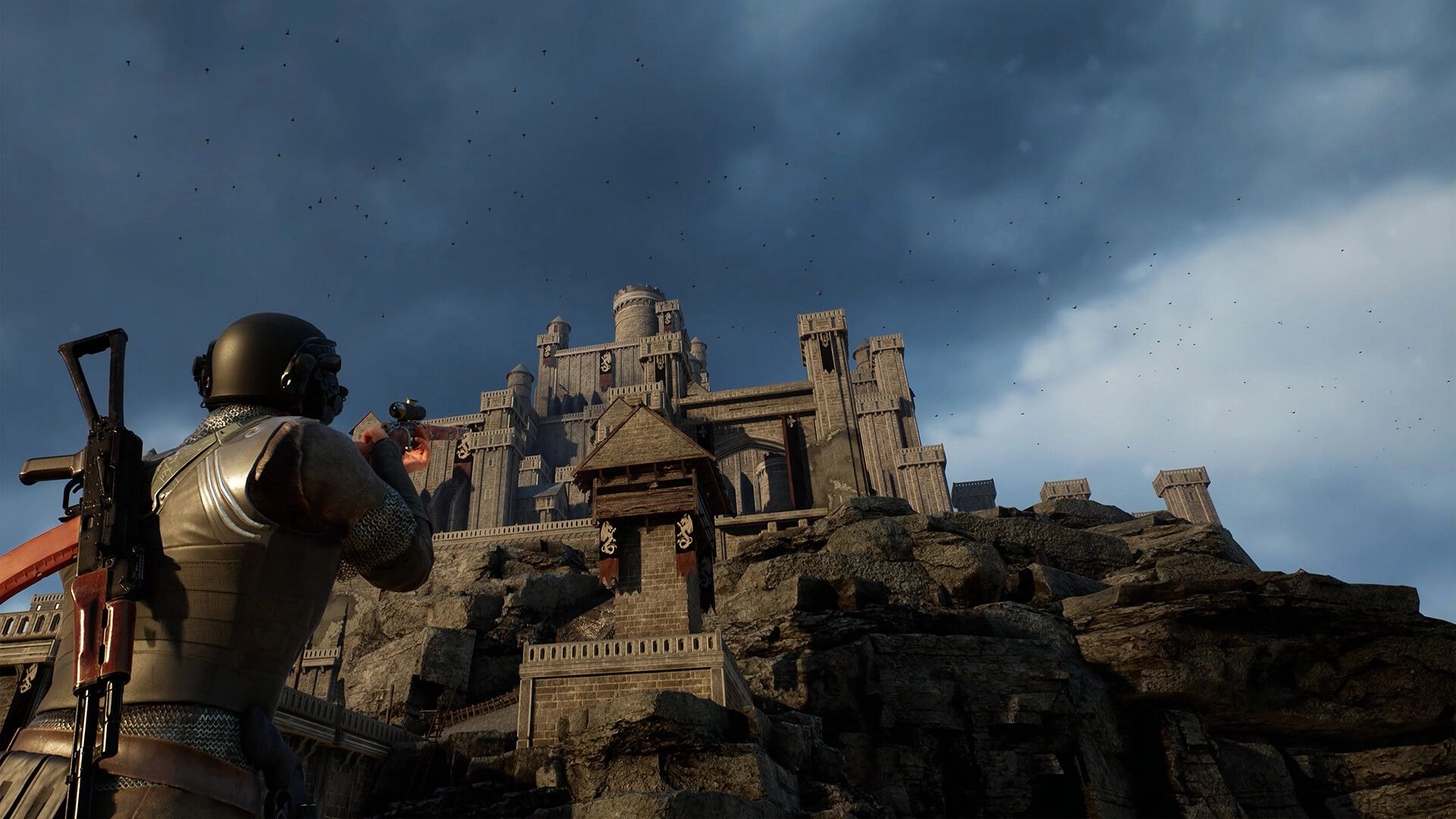 Kingmakers: Armored soldier aims pistol at towering stone castle on rocky hill under dark clouds.