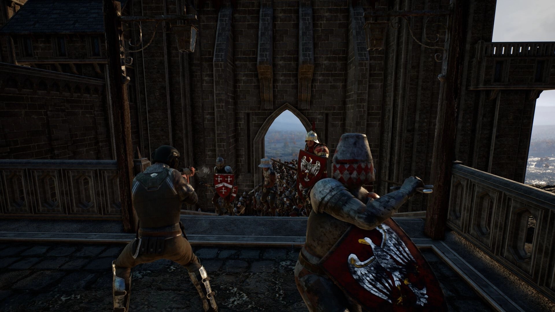 Kingmakers: Modern soldier aims rifle at armored knights on a castle stairway by a gatehouse archway.