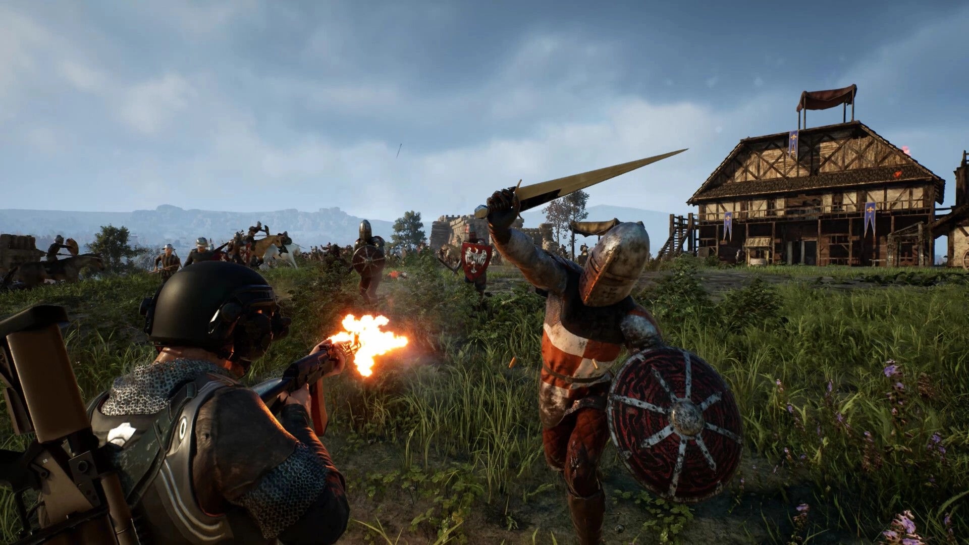 Kingmakers: Player fires rifle at armored knight with sword and shield in grassy village battlefield scene.