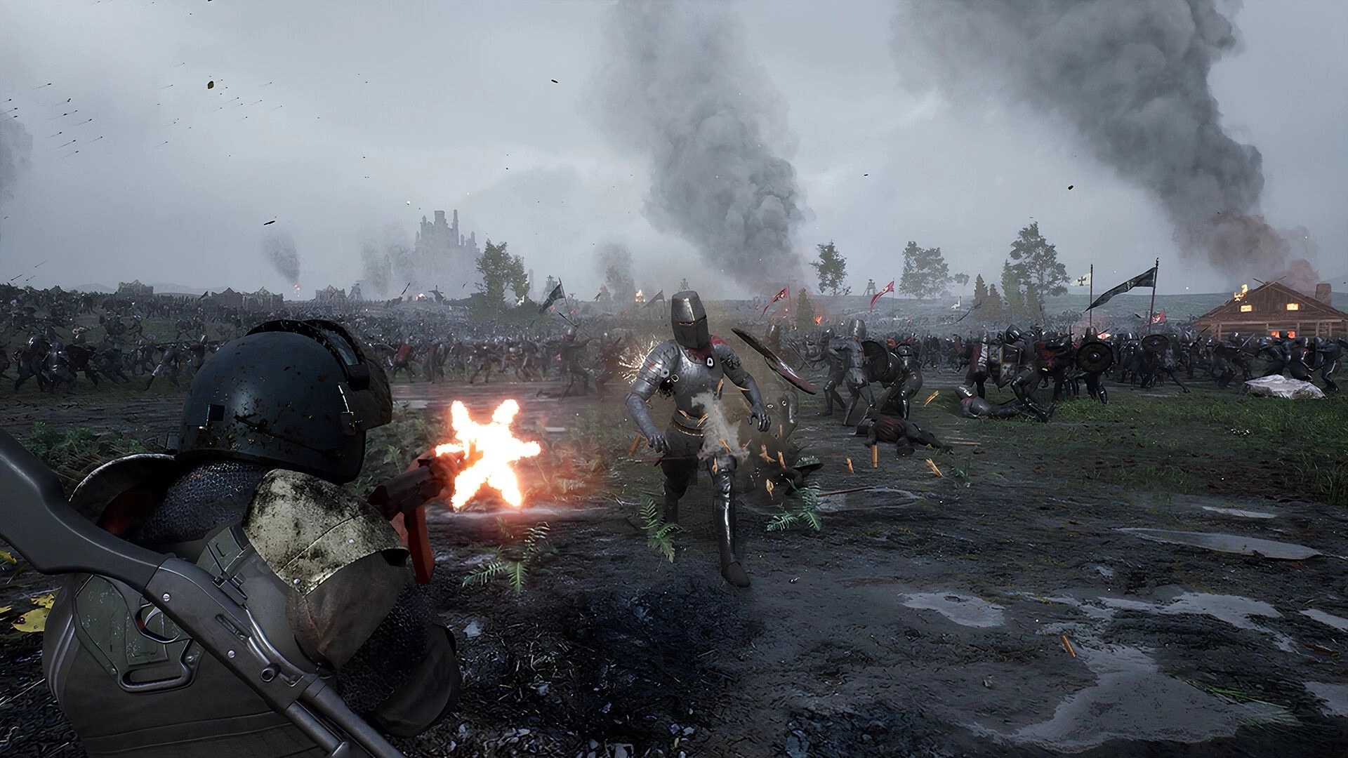 Kingmakers: Soldier fires rifle at charging armored knight amid muddy battlefield with smoke and armies.