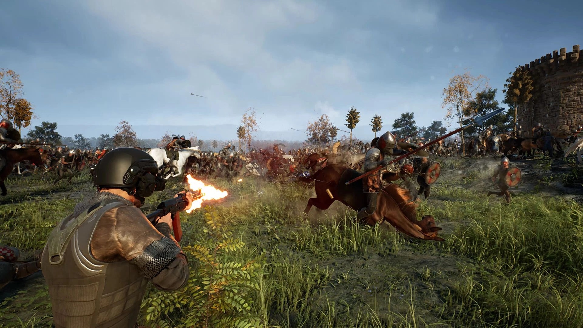 Kingmakers: Modern soldier firing rifle into medieval cavalry clash beside a stone castle wall.