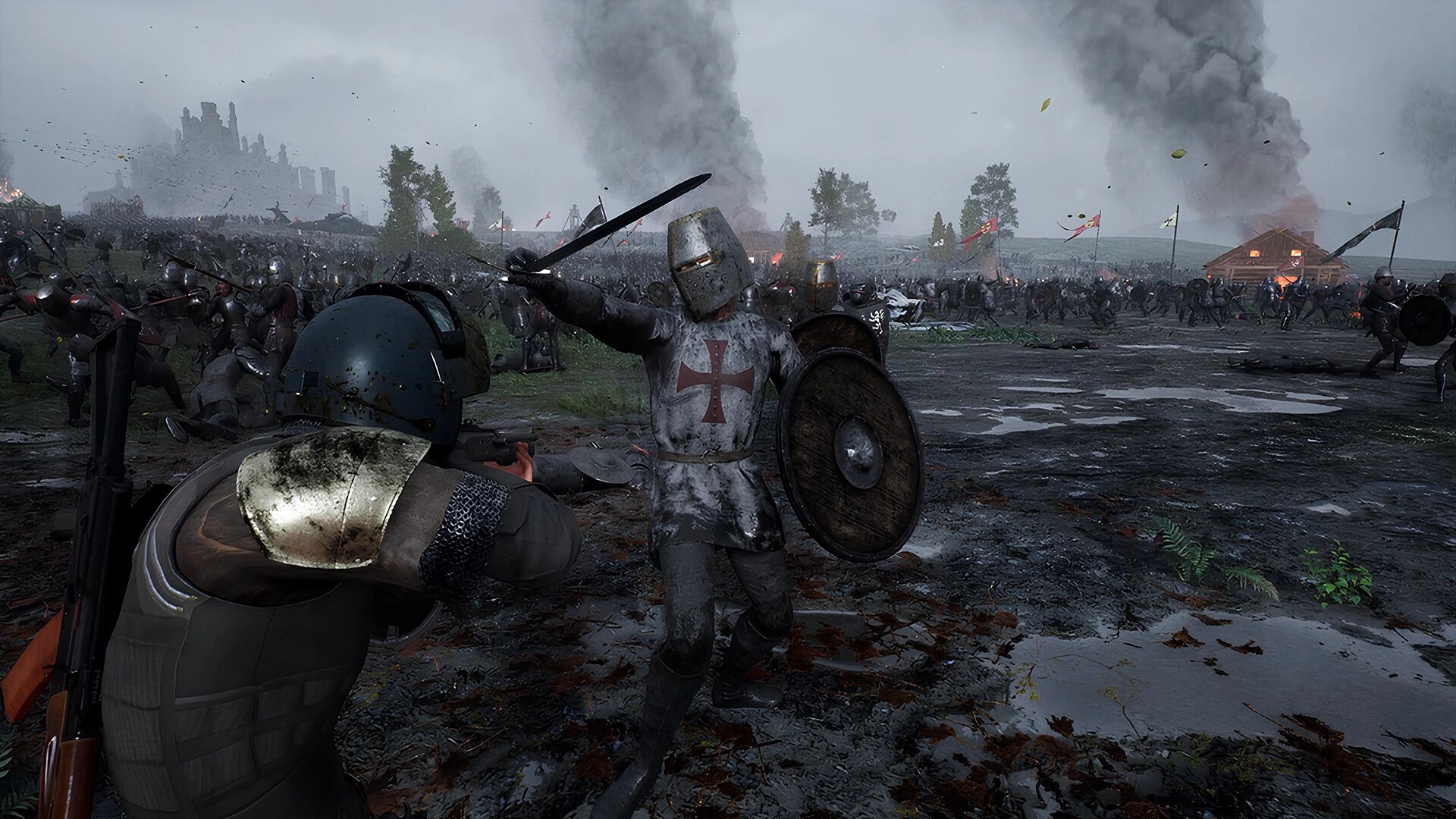 Kingmakers: Modern soldier aims rifle at charging knight amid massive muddy battlefield with smoke plumes.