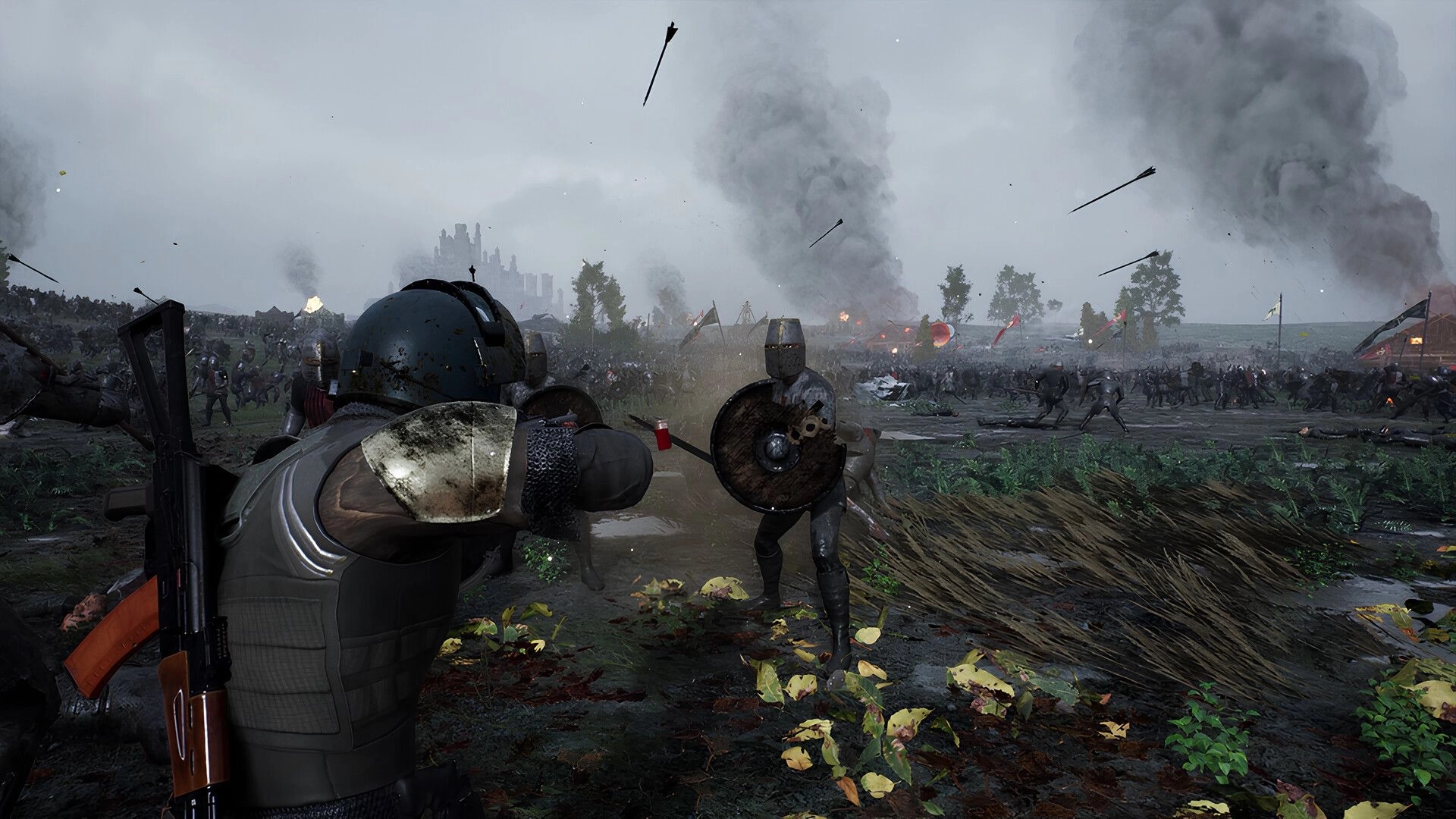 Kingmakers: Modern soldier aiming rifle at armored knight with shield on smoky battlefield amid armies.
