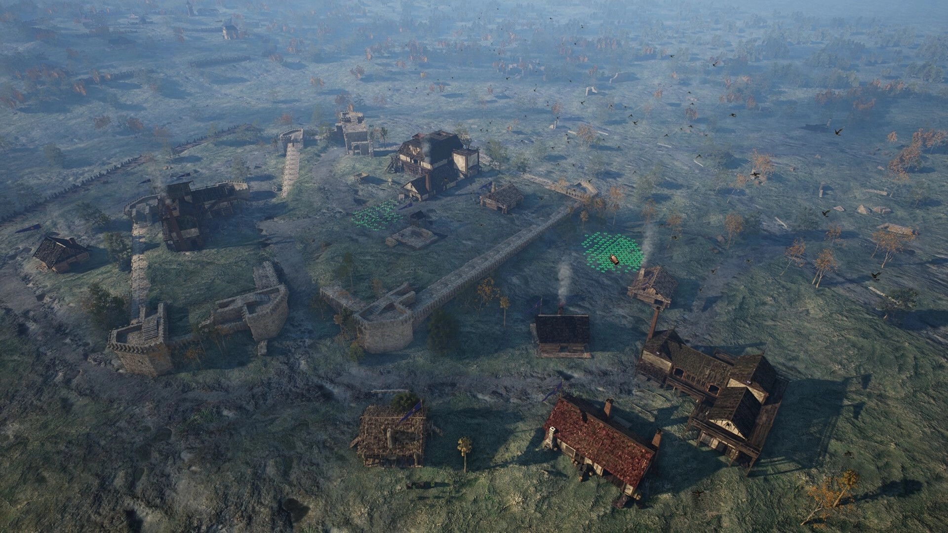Kingmakers: Overhead view of a walled village with troop formation markers on a foggy battlefield.
