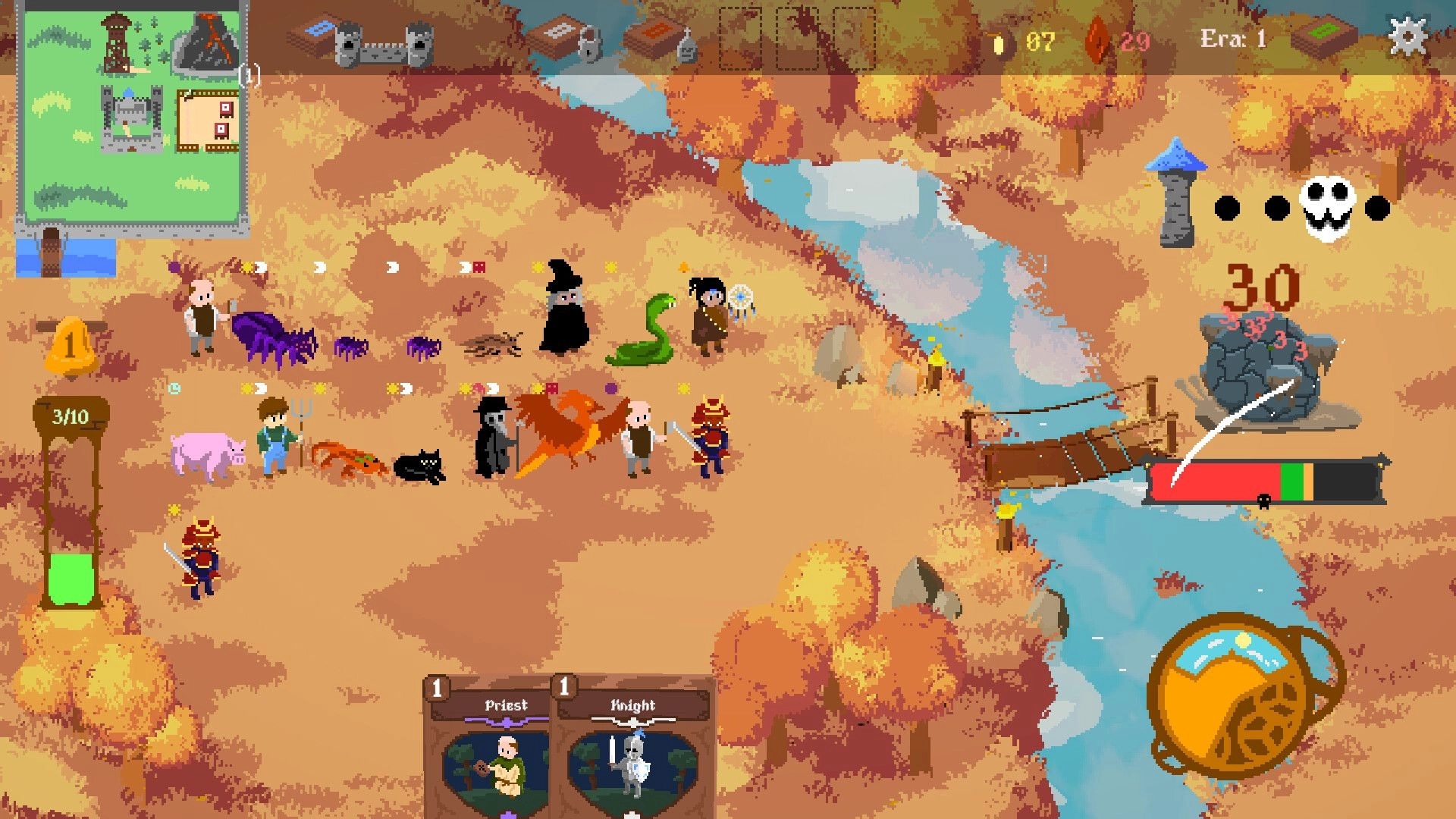 King's Haven: Characters battle near a river with a map, health bar, and creature icons displayed.
