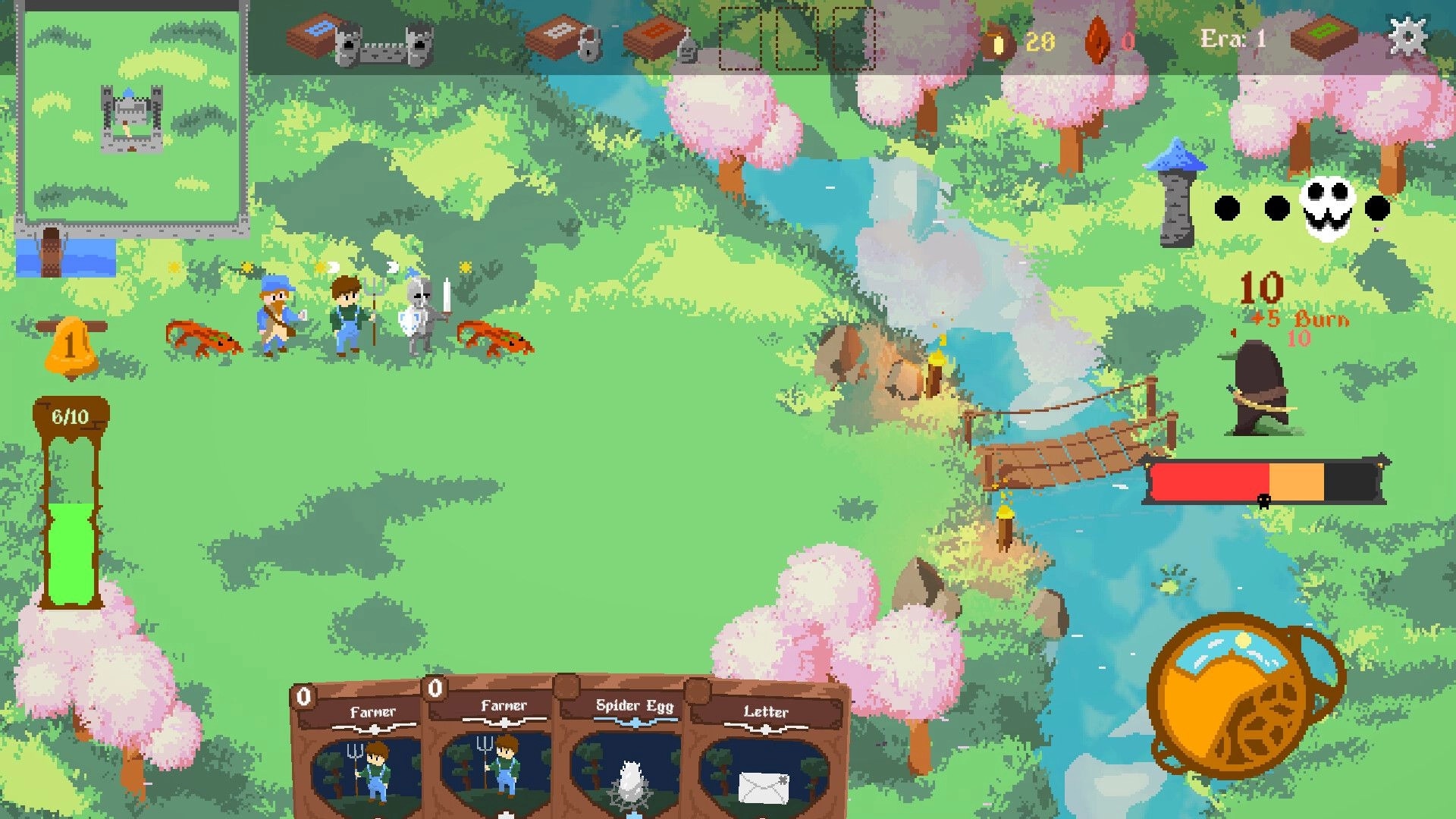 King's Haven: Battle with two salamanders and a skeleton in a lush forest near a river bridge.