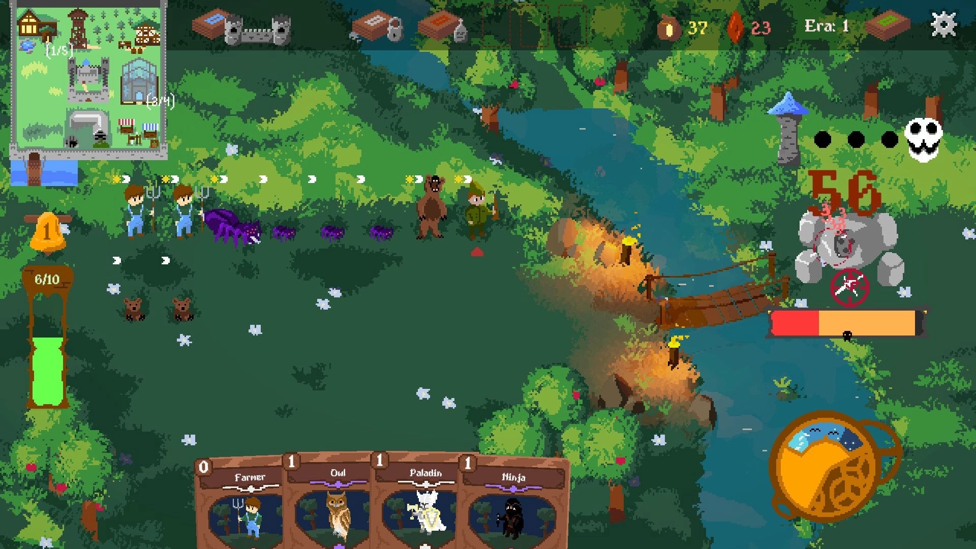 King's Haven: Farmers and creatures engage in battle near a river, with a village map and card deck below.