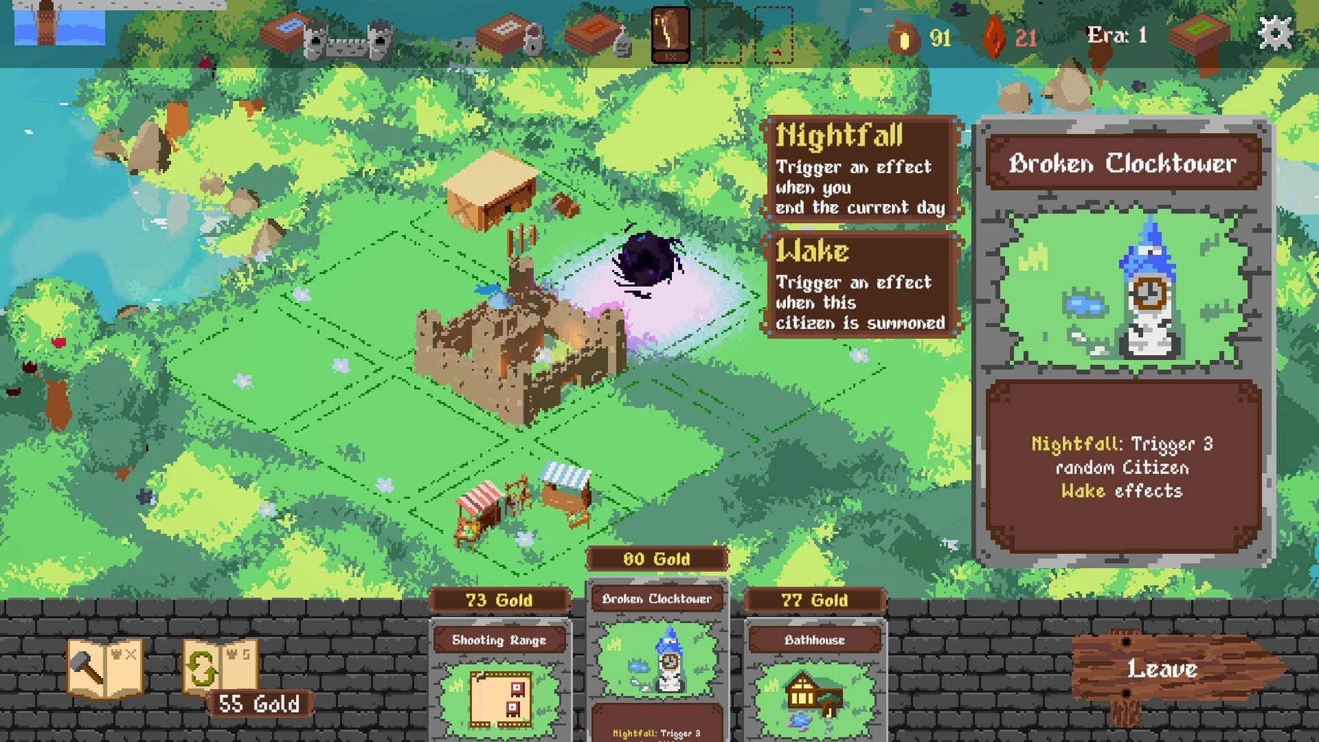 King's Haven: Building placement with options for Shooting Range, Broken Clocktower, and Bathhouse.