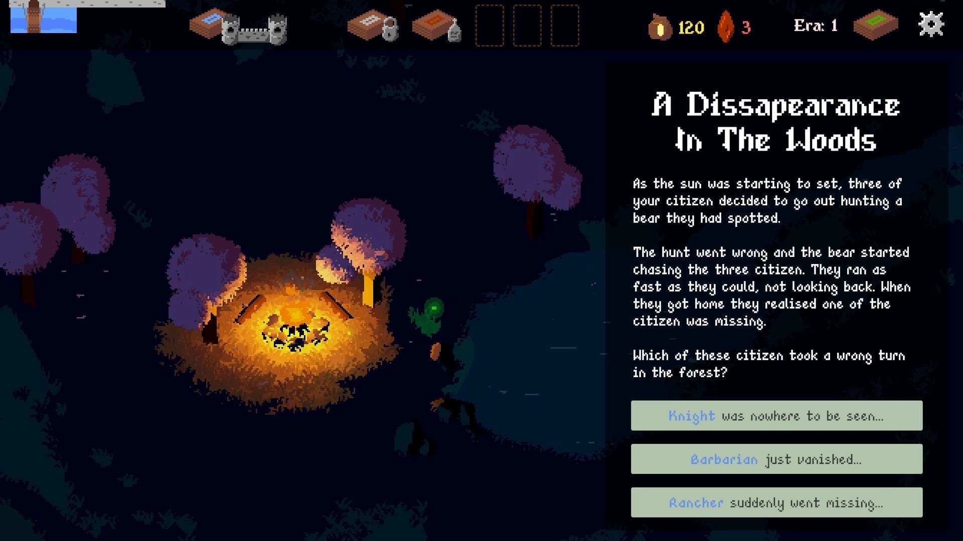 King's Haven: Campfire in dark forest with text options for missing citizens; resource icons at top.