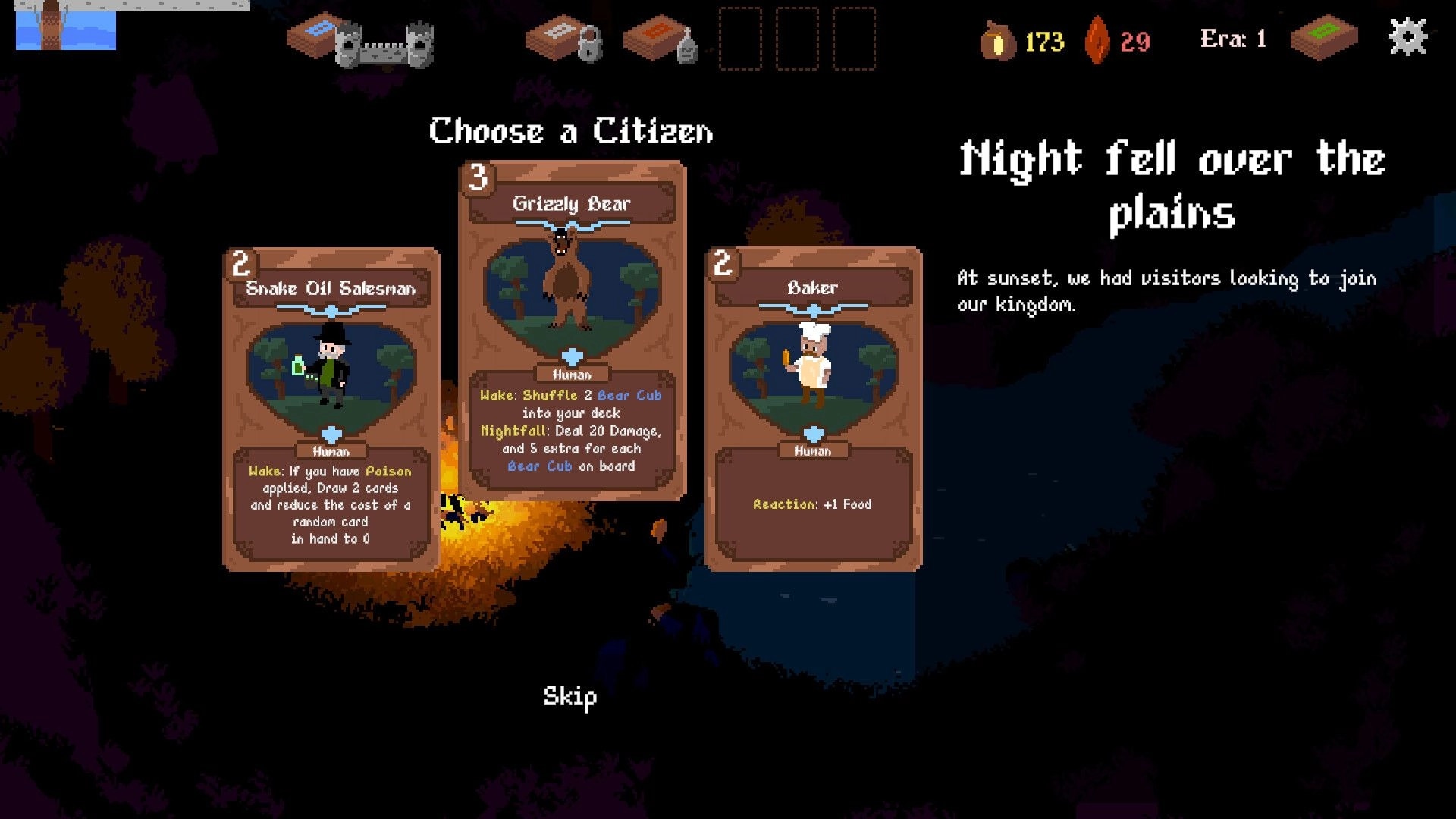 King's Haven: Choose a Citizen screen with Black Cat, Cockroach, and Rancher cards against nighttime setting