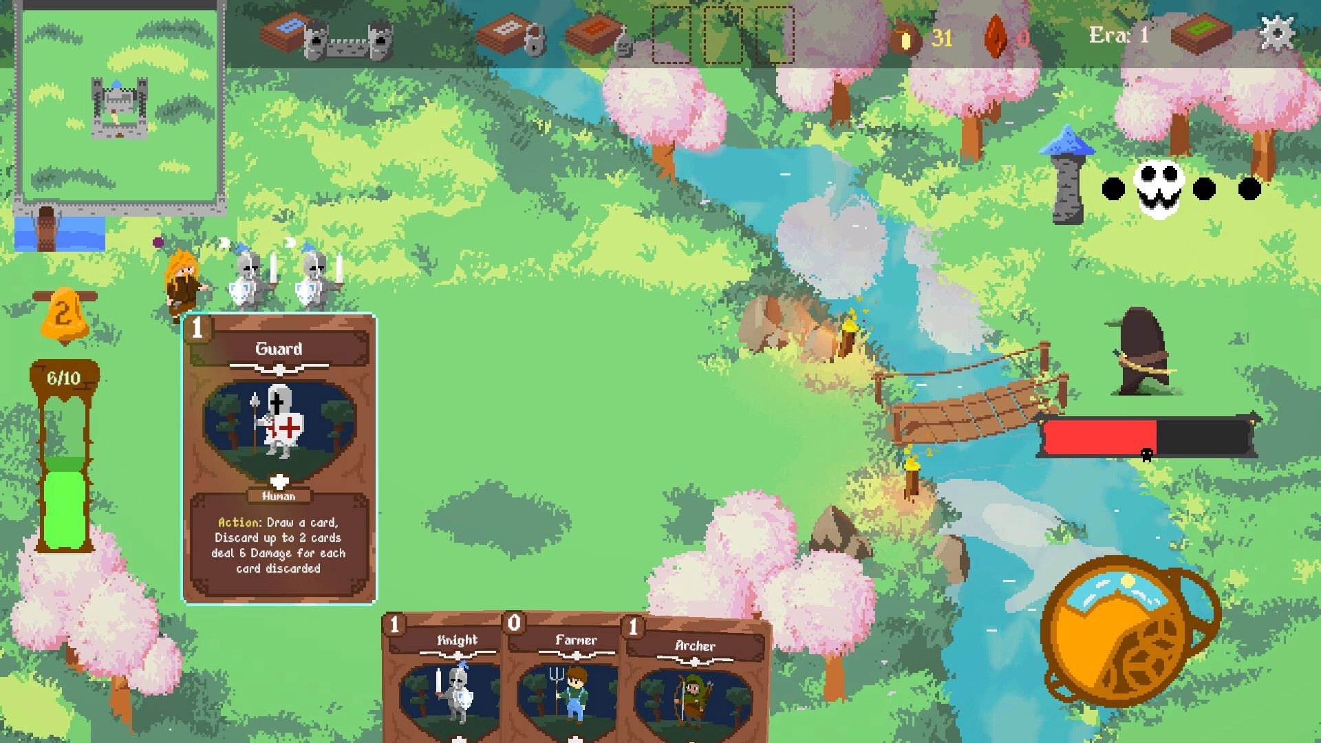 King's Haven: Guard card selected in lush forest with bridge and enemy health bar visible
