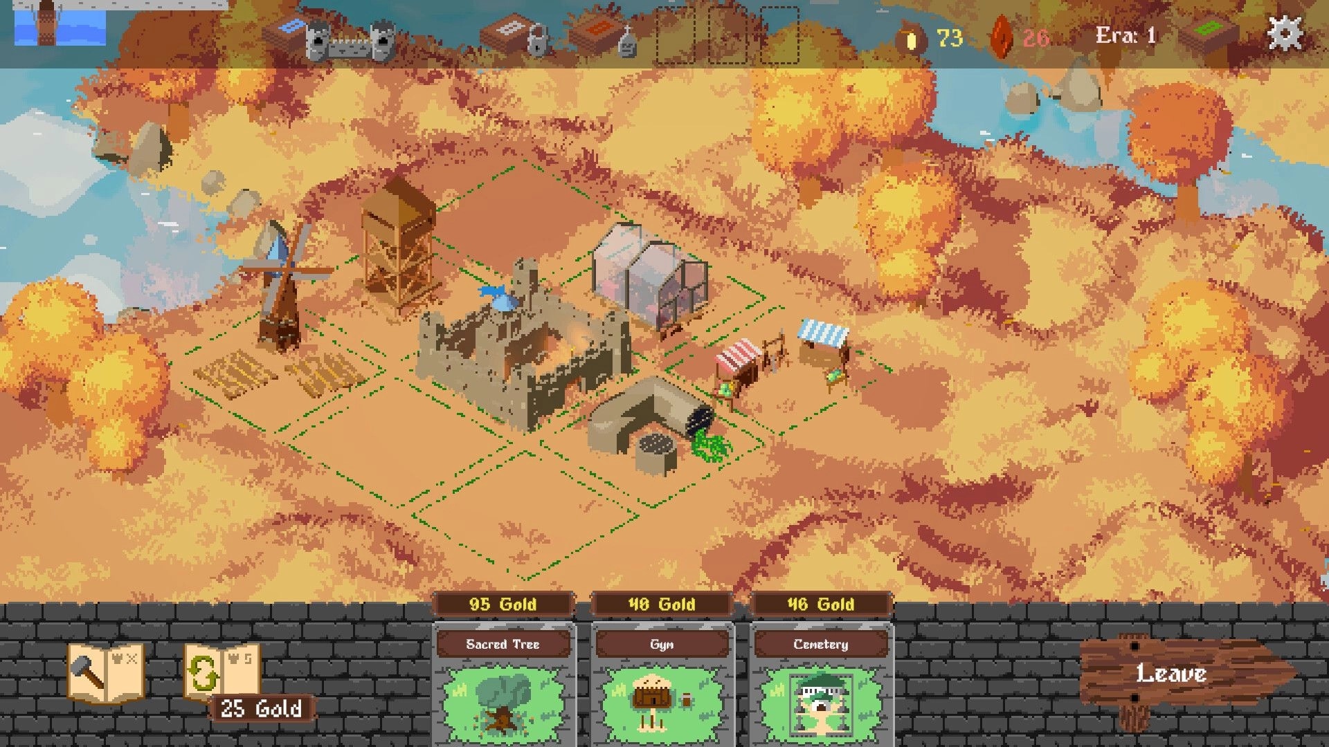 King's Haven: Overhead view of village with buildings and resources, options for Sacred Tree, Gym, Cemetery.