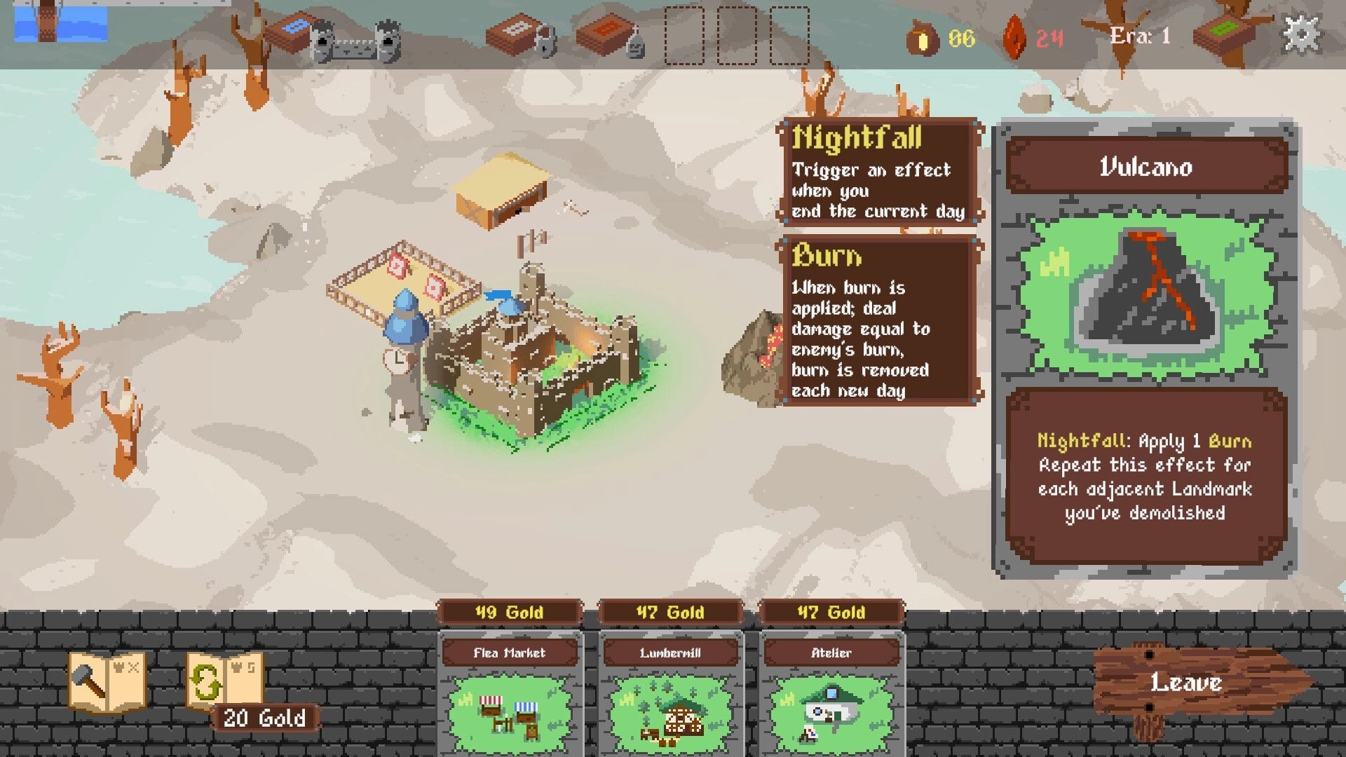 King's Haven: Player examines the Vulcano card effect while constructing a fortress in a snowy landscape