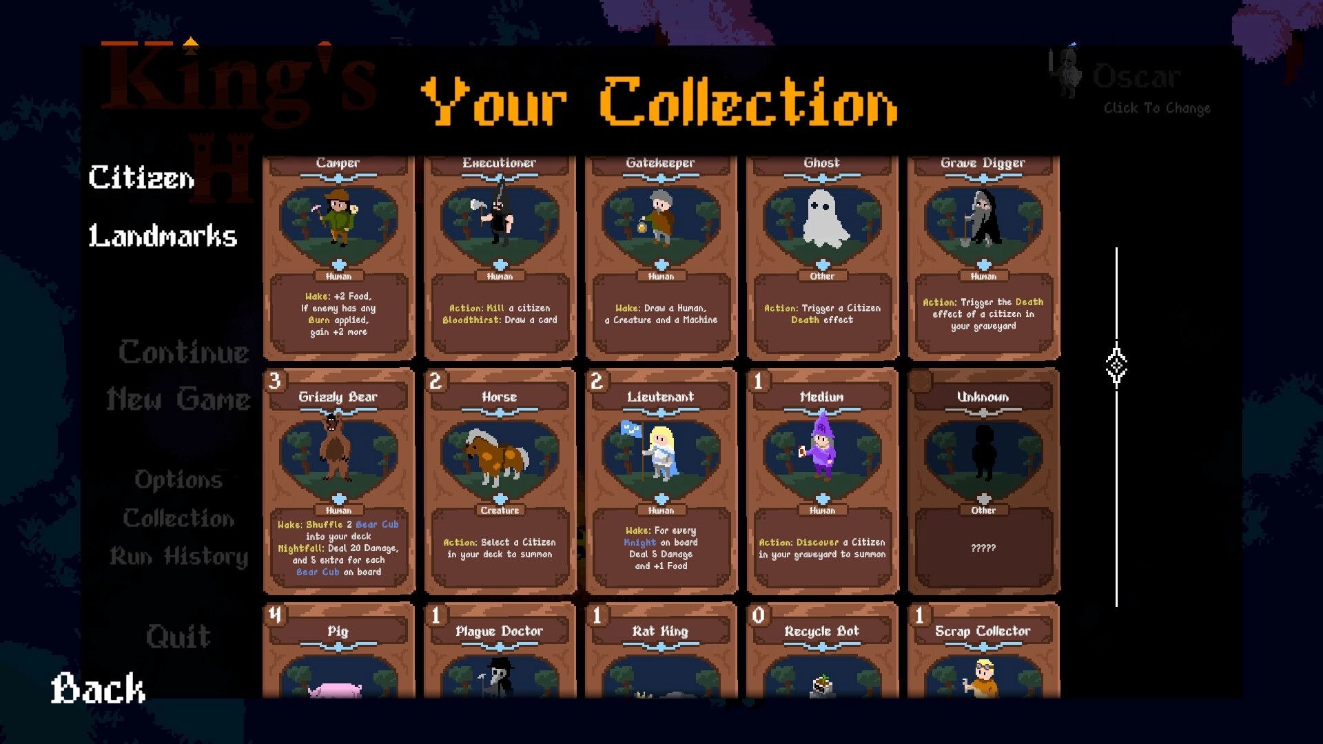 King's Haven: Card collection screen displaying various Citizen cards with unique abilities and actions