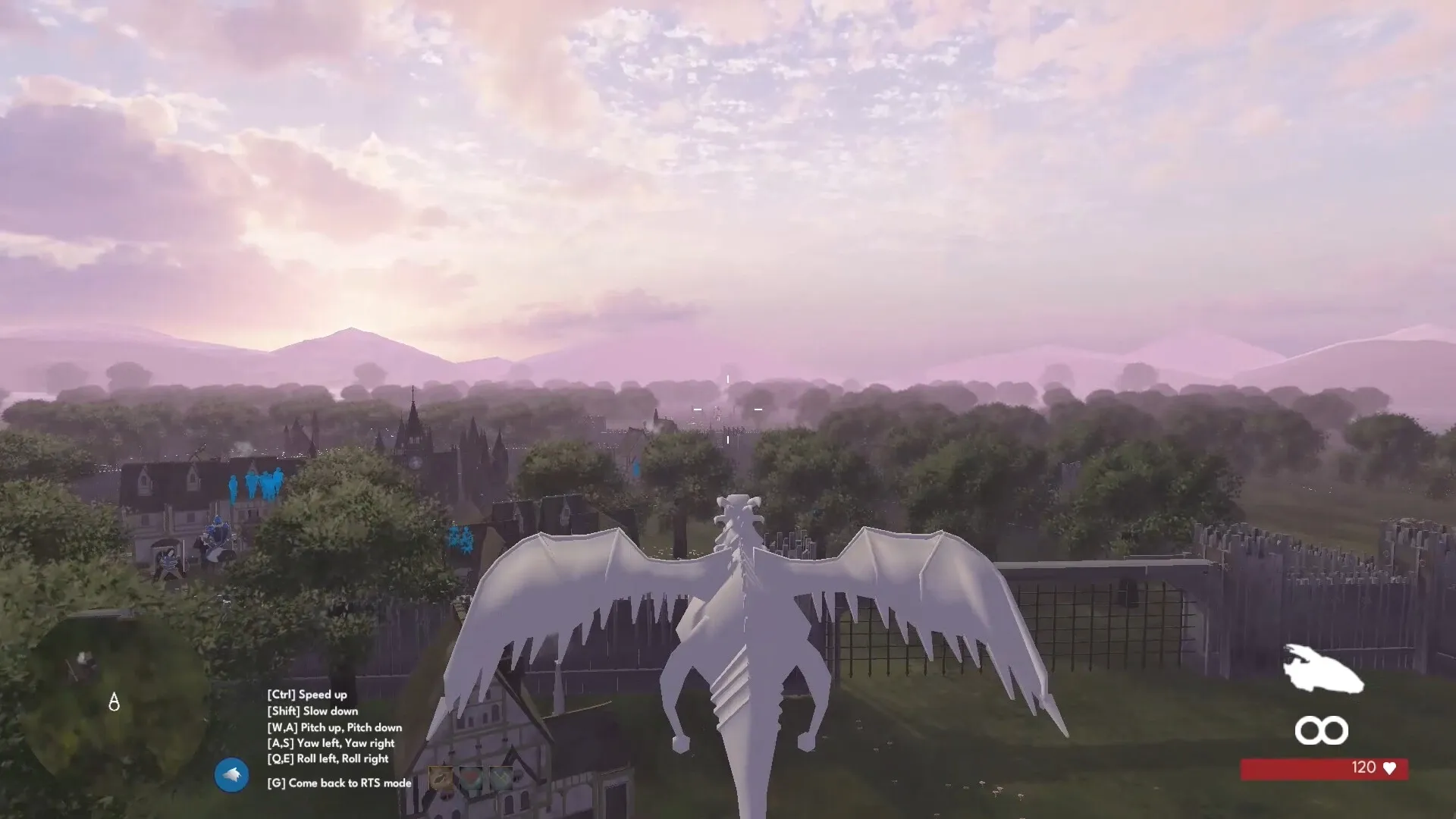 Kings of Cratia: Dragon flying over village with control instructions and health displayed on screen.