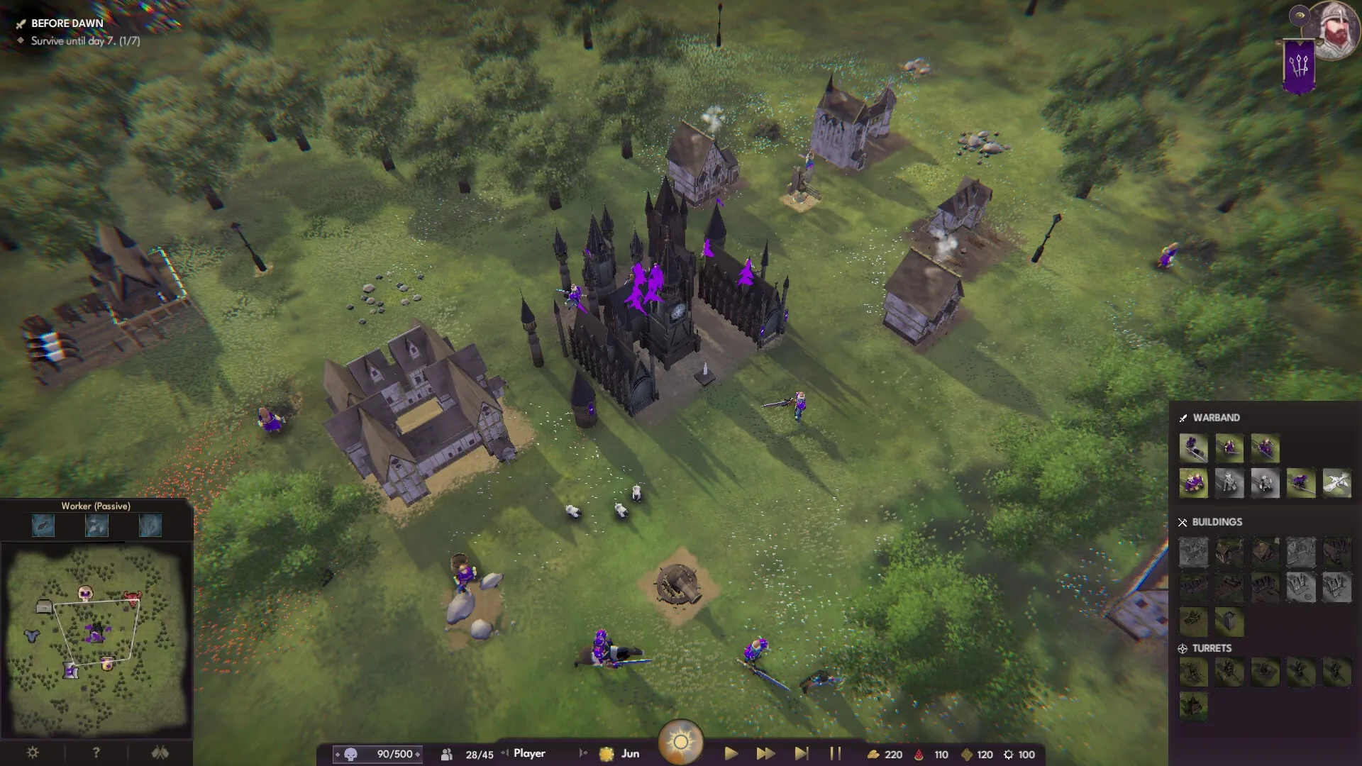 Kings of Cratia: Village overview with buildings, map interface, and units preparing for defense