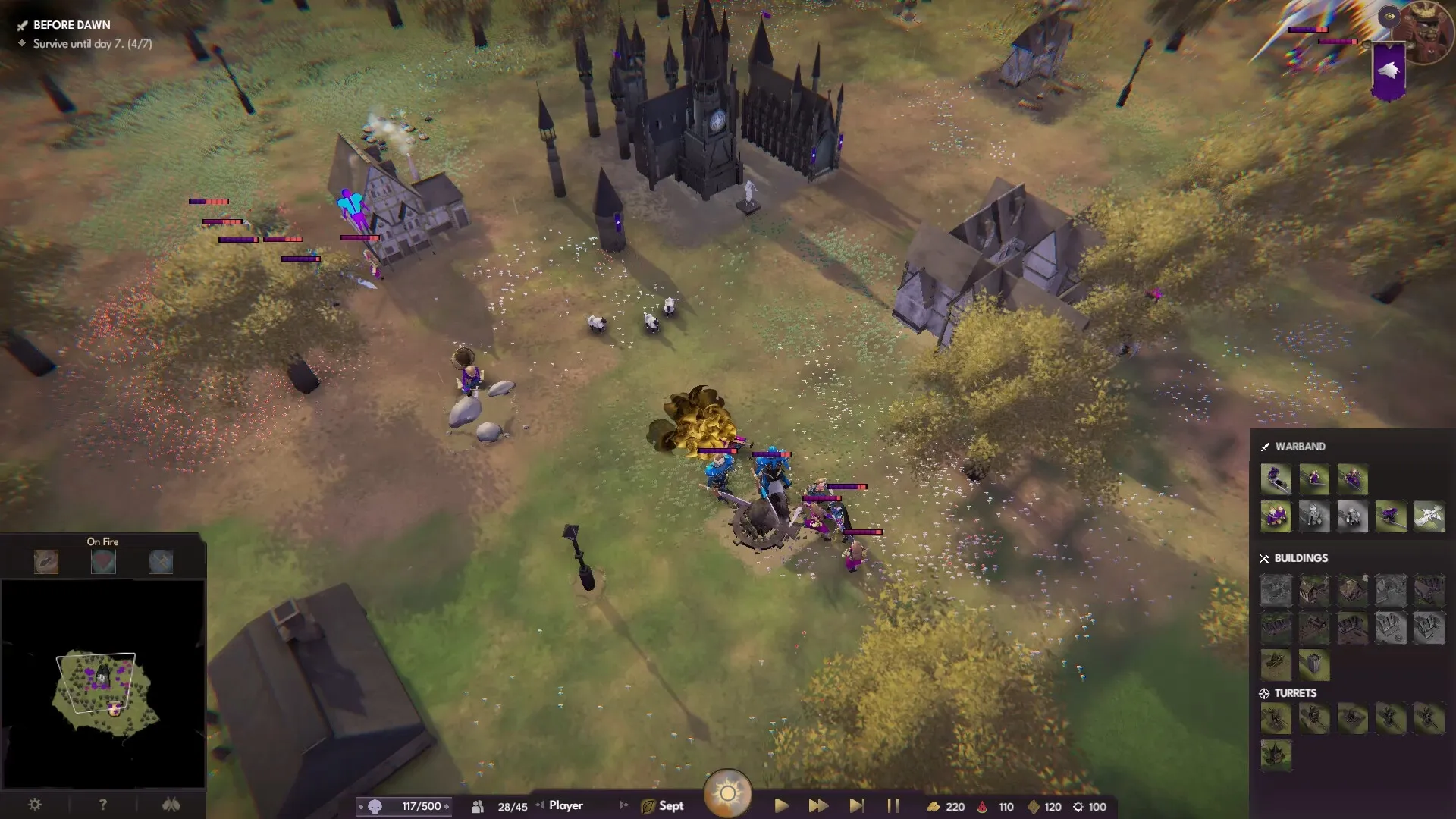 Kings of Cratia: Overhead view of village with troop movements and resource management UI elements visible.