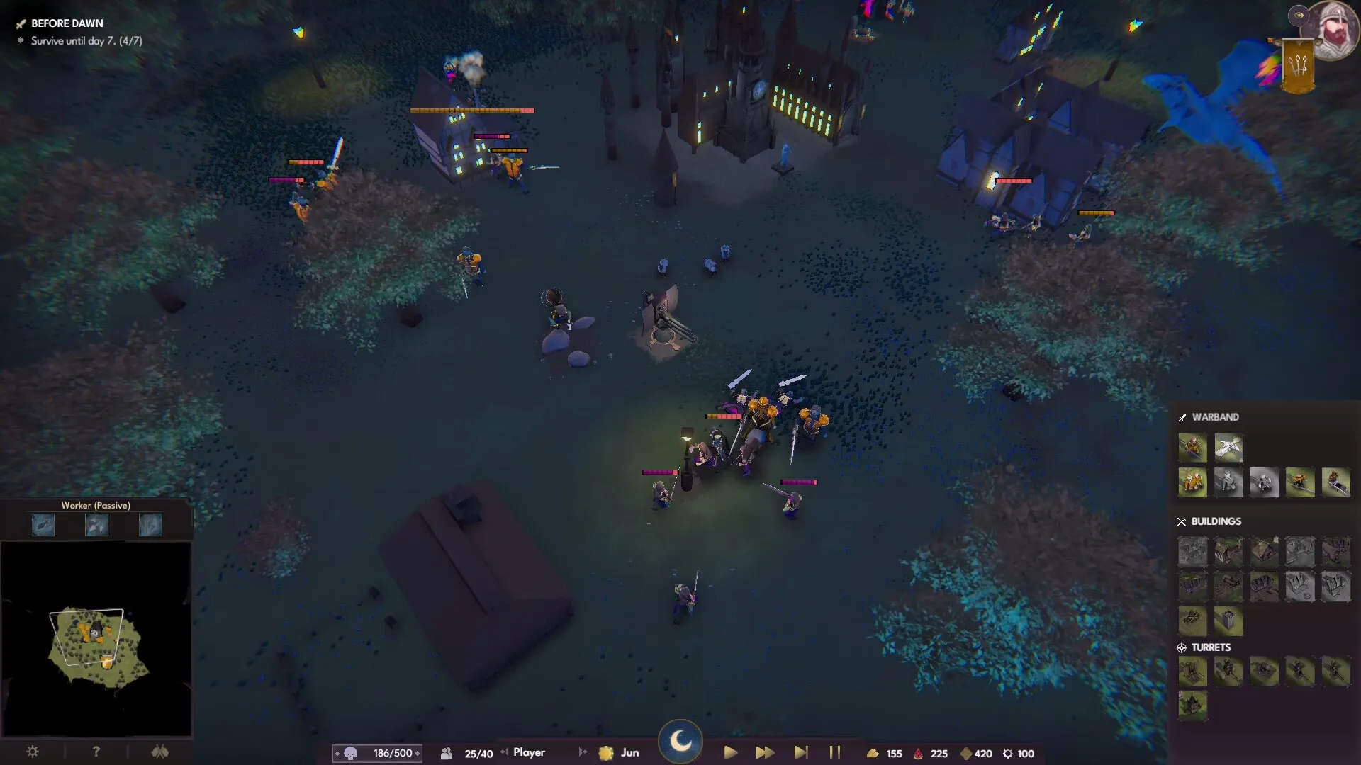 Kings of Cratia: Night battle with swordsmen near village buildings; UI shows map and resource stats.
