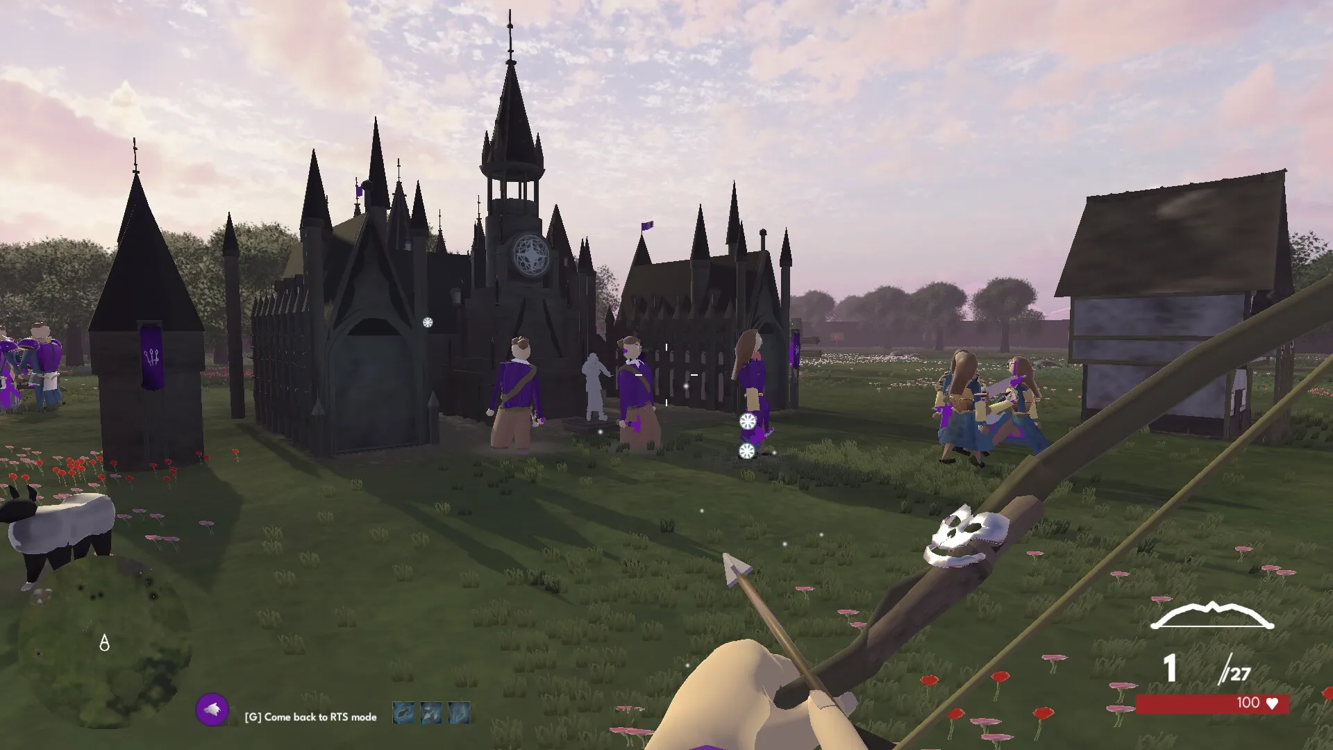 Kings of Cratia: Bow drawn aiming at villagers near a dark castle in a grassy field at sunset.