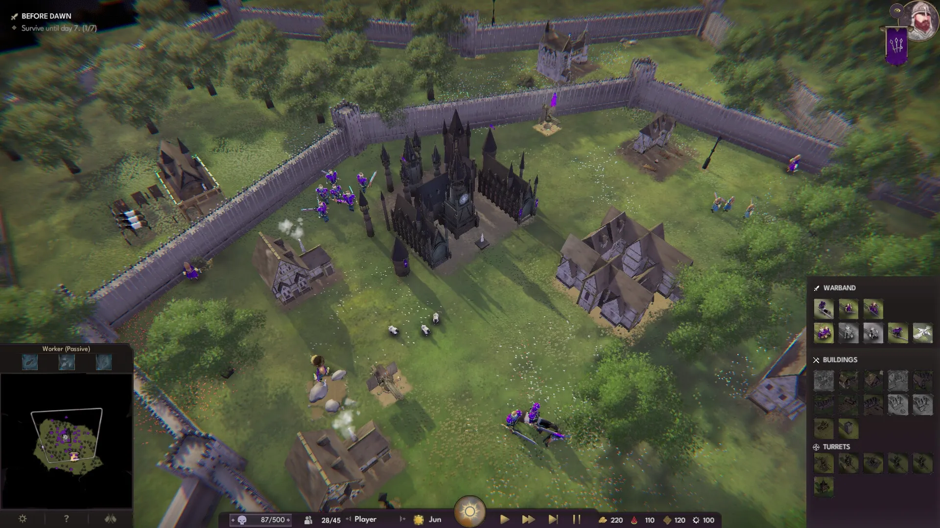 Kings of Cratia: Overhead view of fortified village with units and resource management interface visible