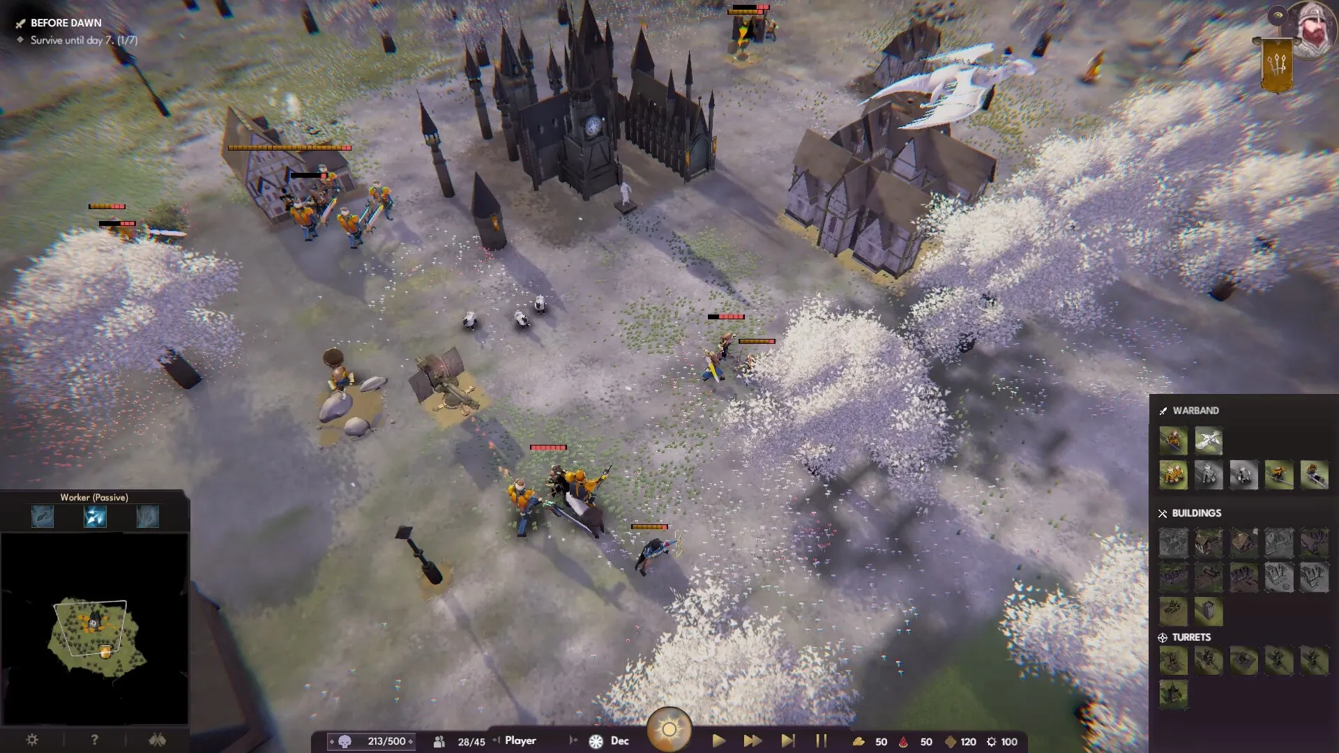 Kings of Cratia: Warriors battling near a gothic cathedral with blooming trees and resource displays