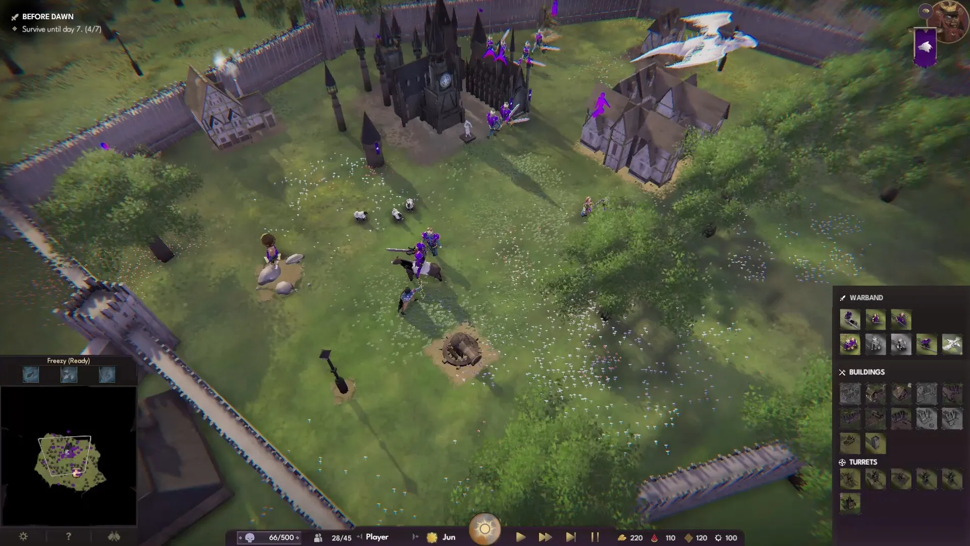 Kings of Cratia: Overhead view of village with warriors, castle, and resource management UI elements