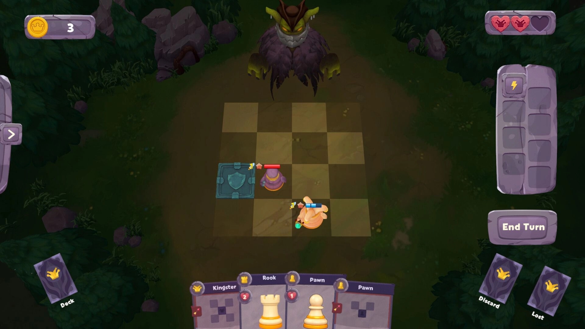 Kingster: Jester battles a monster on chessboard with cards and health indicators in a forest setting.