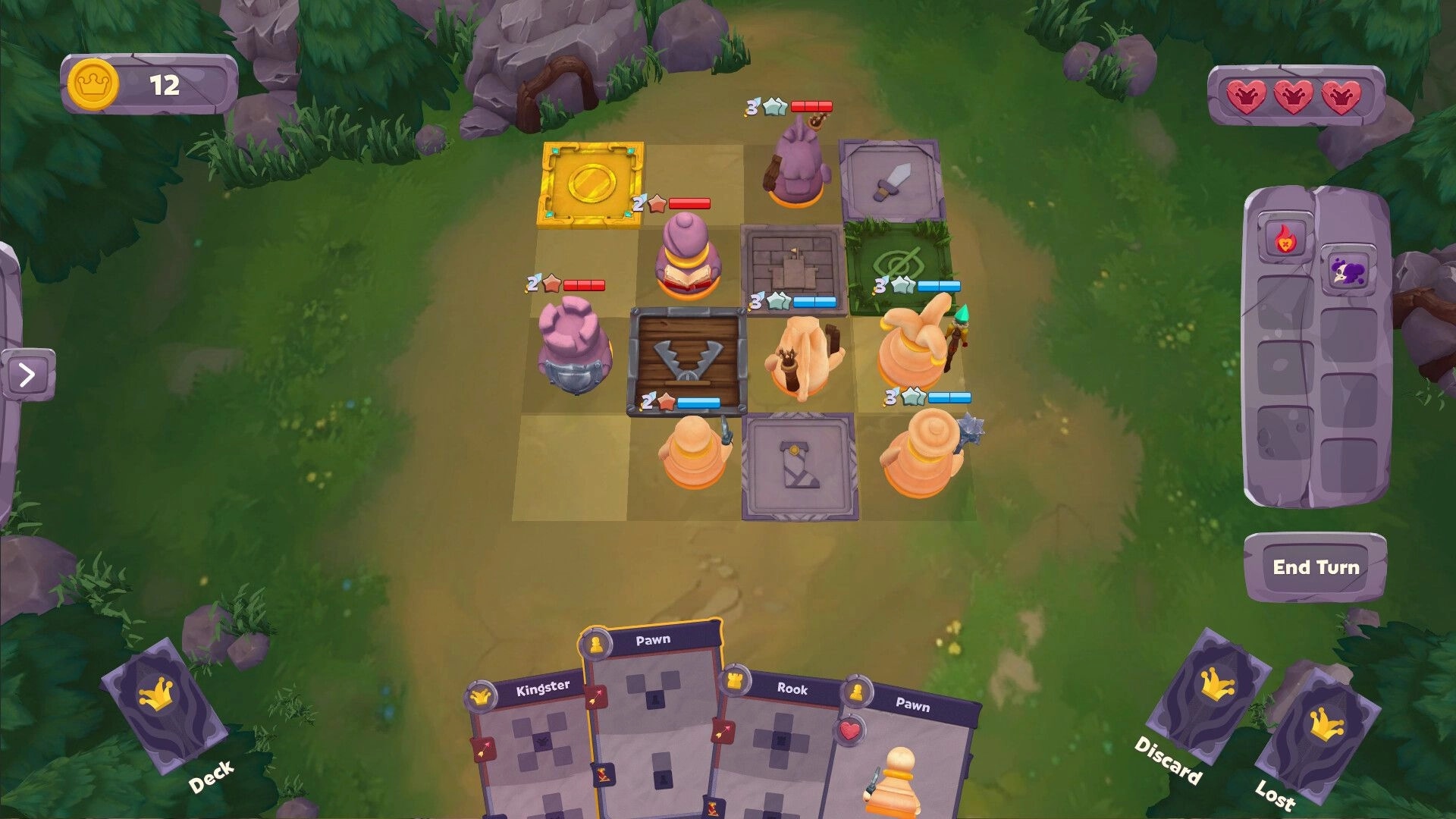 Kingster: Tactical grid battle with cards and characters in a forest dungeon setting