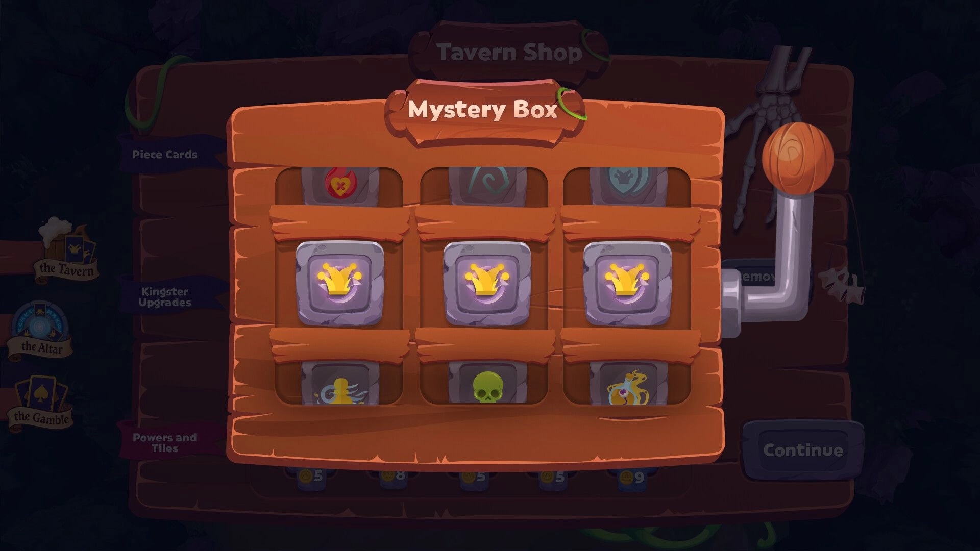 Kingster: Mystery Box interface in tavern shop with lever and various icons displayed on tiles