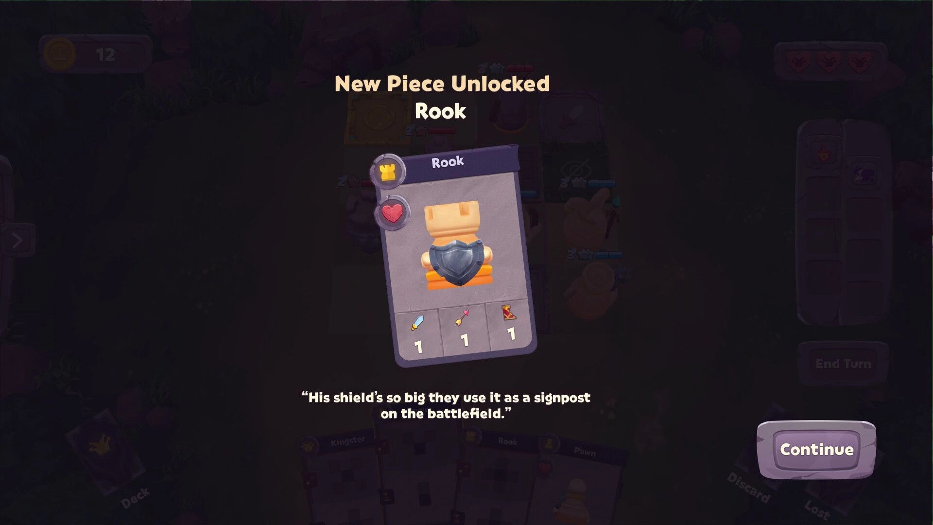 Kingster: New piece unlocked, Rook card with shield stats and continue button in dark dungeon setting