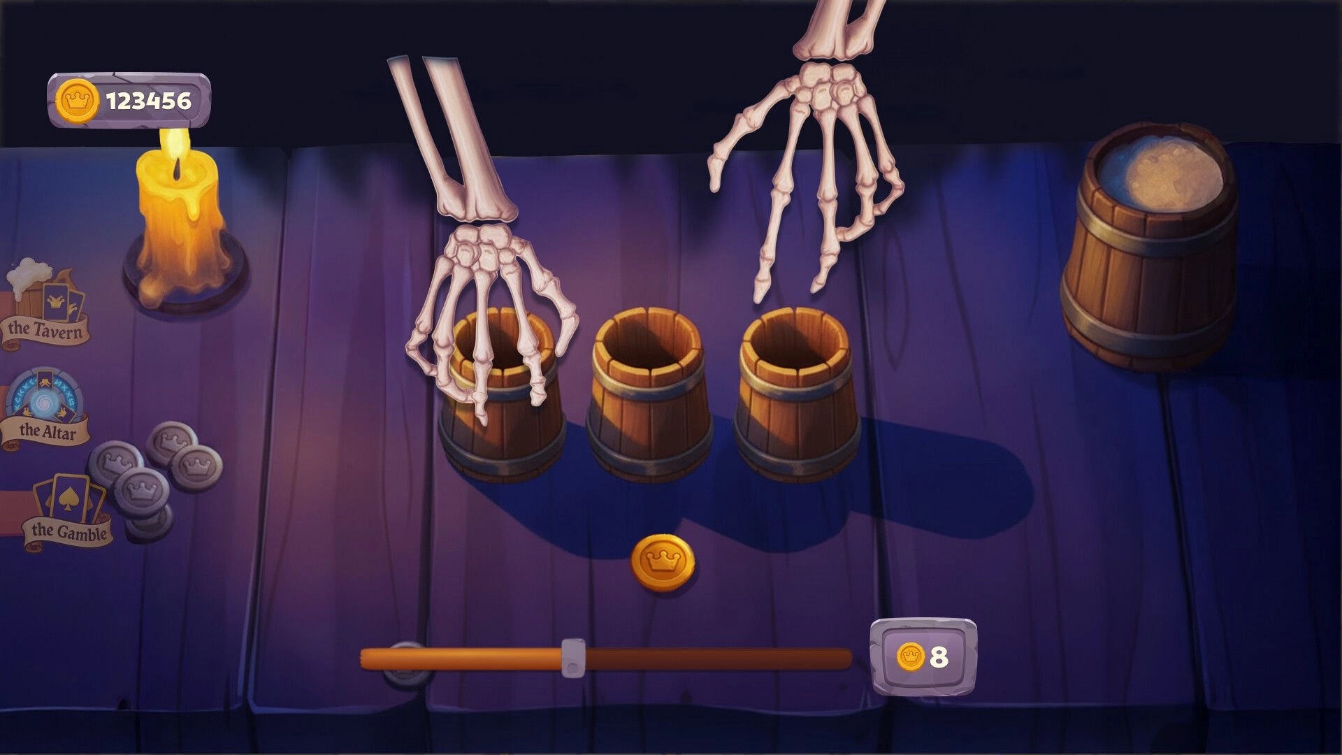 Kingster: Skeleton hands shuffle barrels in a dim tavern with coin counter and menu options visible.