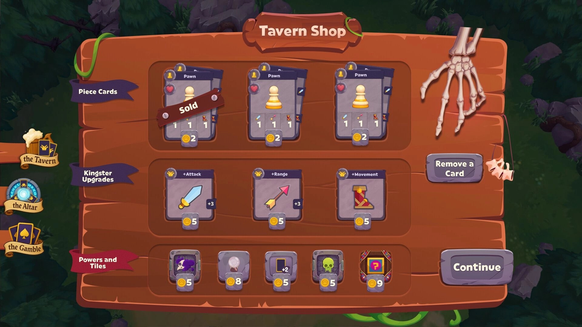 Kingster: Tavern Shop with pawn piece cards, upgrades, and options to remove or continue in the forest.