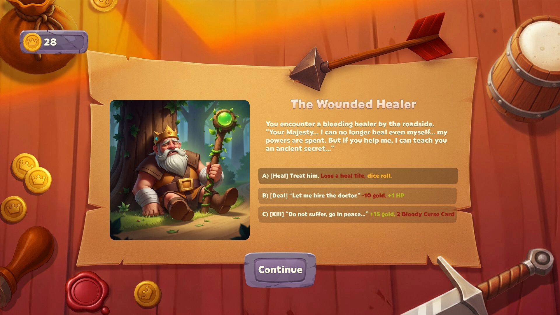 Kingster: Dialogue options with a wounded healer in a forest setting, coins and UI elements visible