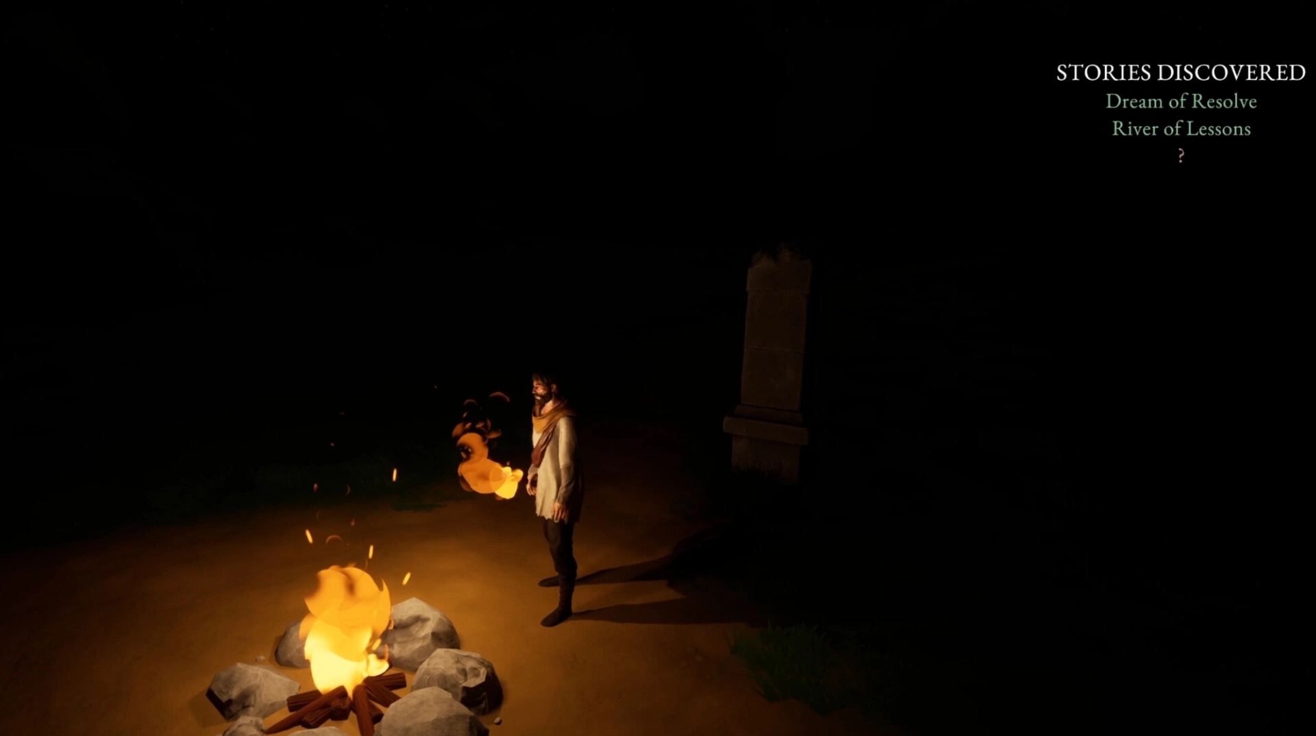Kinsfolk: Father stands by a campfire in darkness; "Stories Discovered" menu shows two unlocked tales