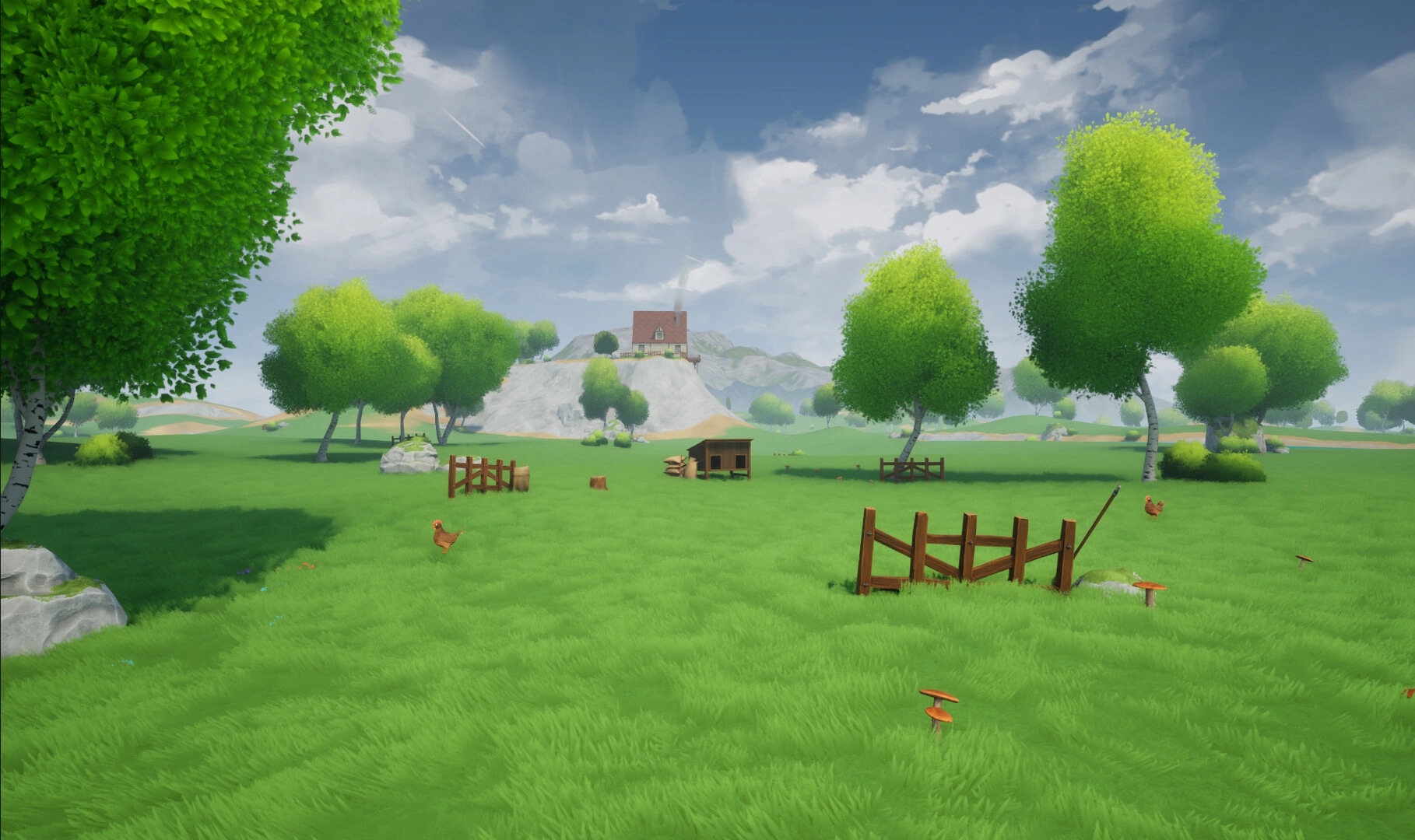 Kinsfolk: Serene meadow with scattered trees, a wooden fence, and a distant house on a hilltop