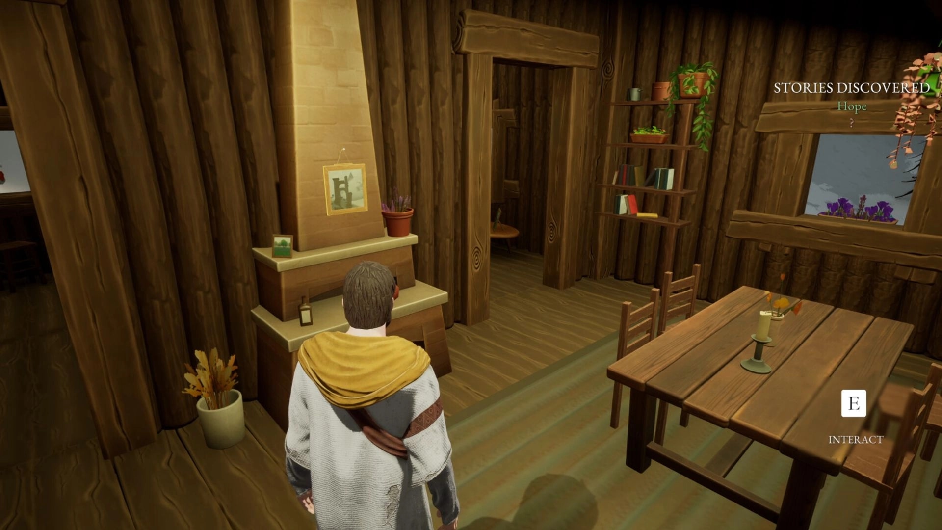 Kinsfolk: Father exploring cozy wooden cabin interior with interactive elements and "Hope" story discovered.
