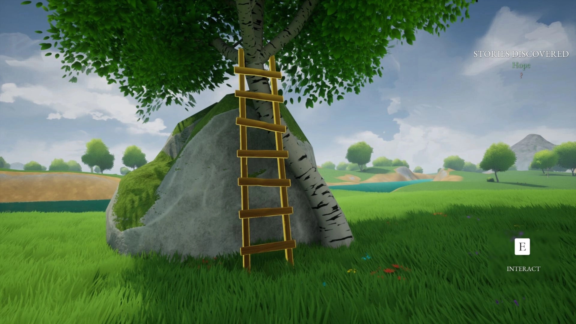 Kinsfolk: Ladder leaning on tree with interact prompt in a picturesque grassy field under clear sky