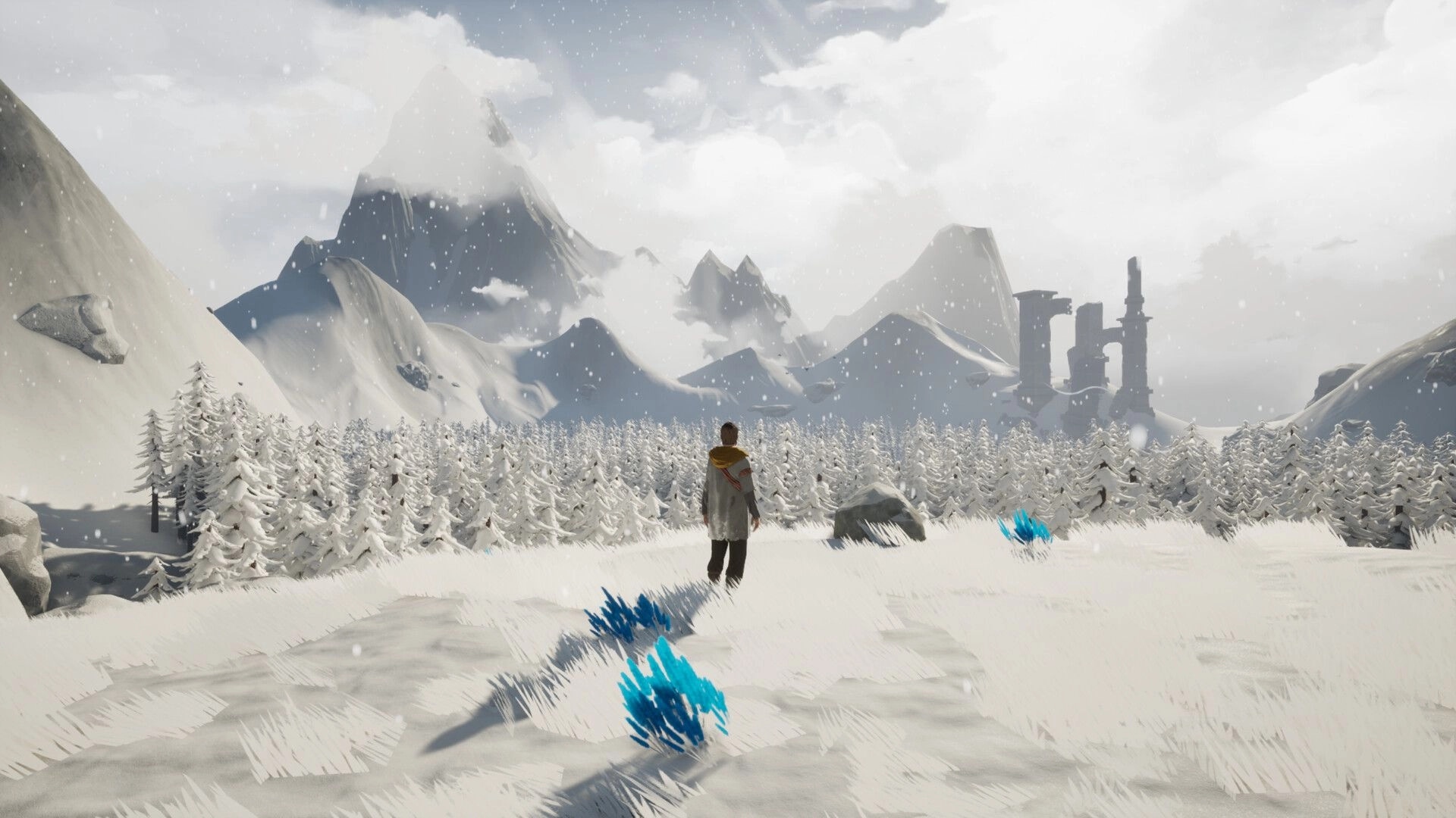 Kinsfolk: Father walking through snowy landscape with mountains and ruins in the distance