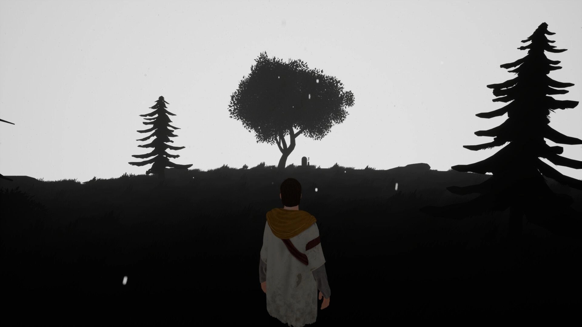 Kinsfolk: Father character stands facing distant tree and headstone silhouette in a shadowy landscape.