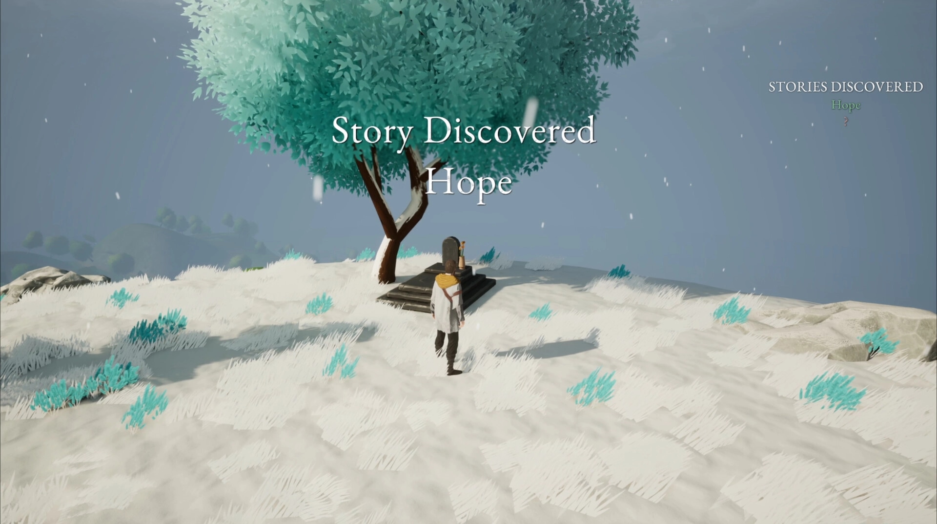 Kinsfolk: Character approaches a tree with "Story Discovered: Hope" text in a snowy landscape.